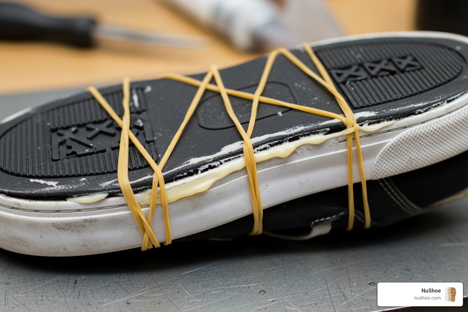 A shoe sole being securely clamped with rubber bands after gluing - replacing shoe sole