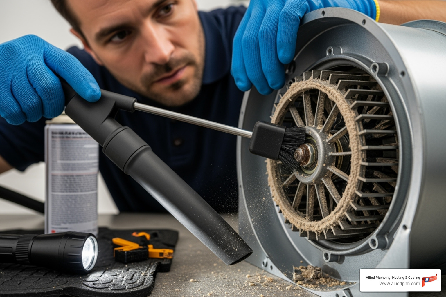 Technician professionally cleaning a furnace blower motor - Furnace cleaning service