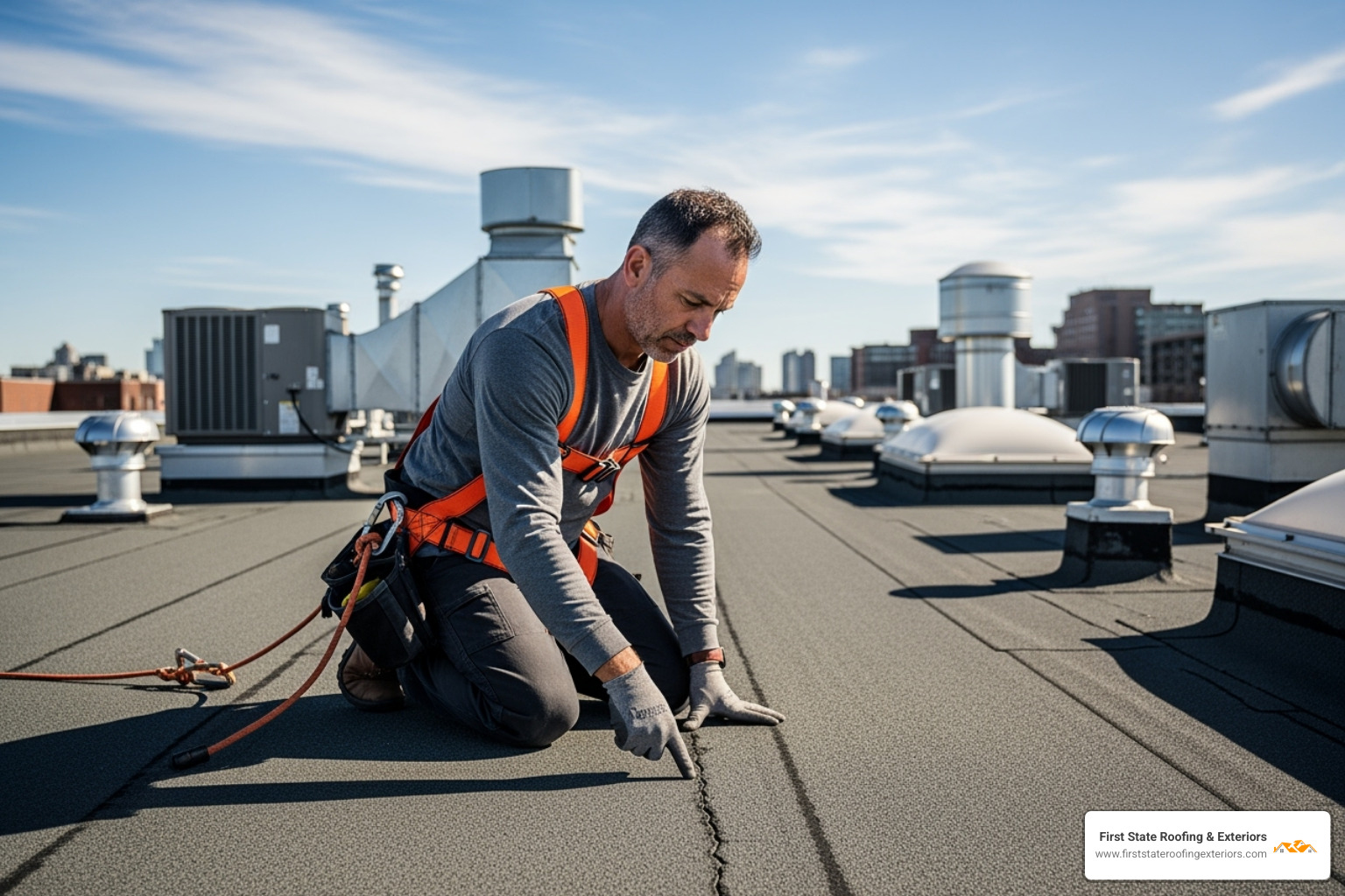 professional roofer inspecting commercial flat roof with safety harness - roofing and roof repairs