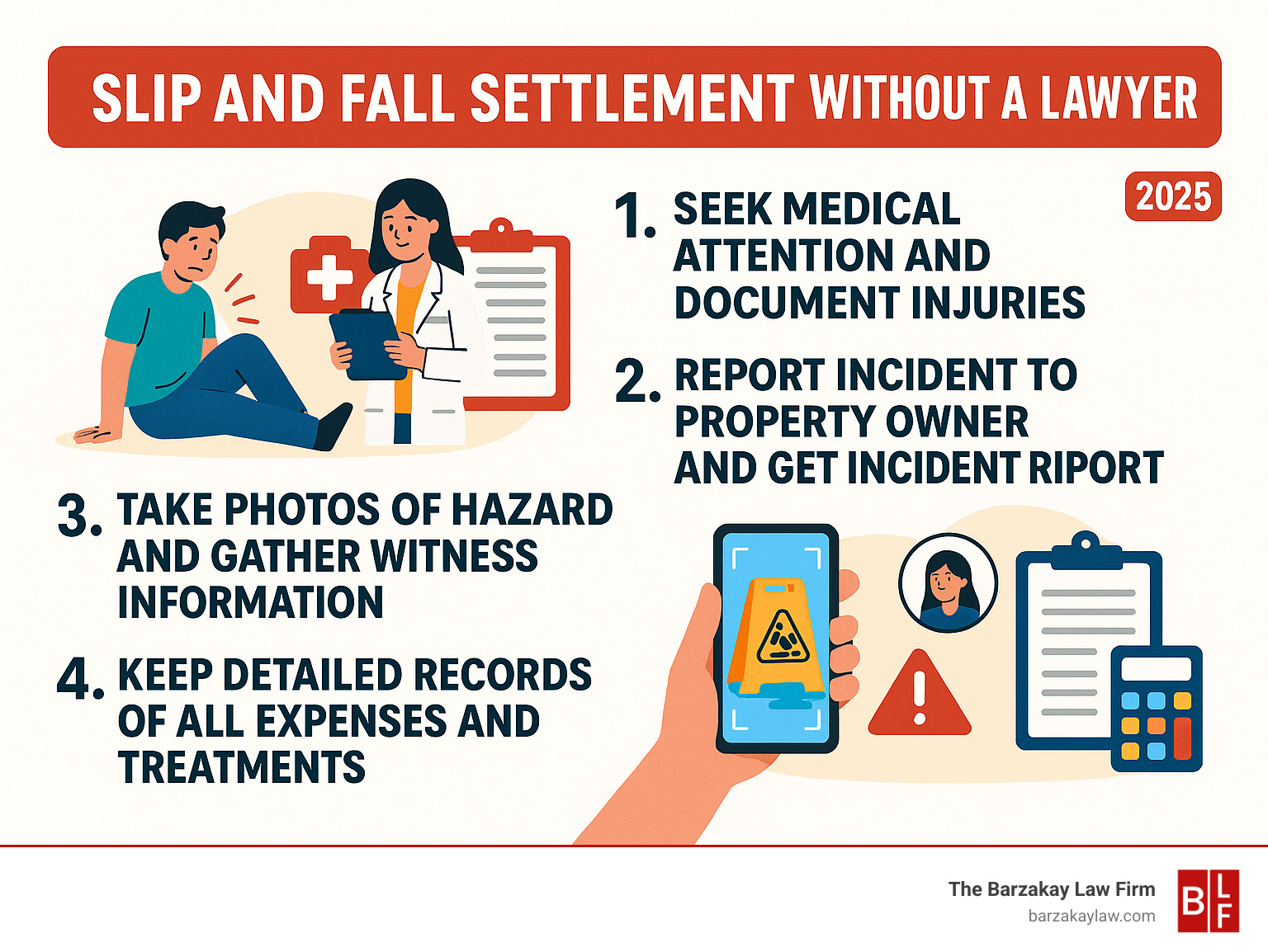 Infographic showing 4 immediate steps after a slip and fall accident: 1. Seek medical attention and document injuries, 2. Report incident to property owner and get incident report, 3. Take photos of hazard and gather witness information, 4. Keep detailed records of all expenses and treatments - slip and fall settlement without a lawyer infographic Infographic showing 4 immediate steps after a slip and fall accident: 1. Seek medical attention and document injuries, 2. Report incident to property owner and get incident report, 3. Take photos of hazard and gather witness information, 4. Keep detailed records of all expenses and treatments - slip and fall settlement without a lawyer infographic