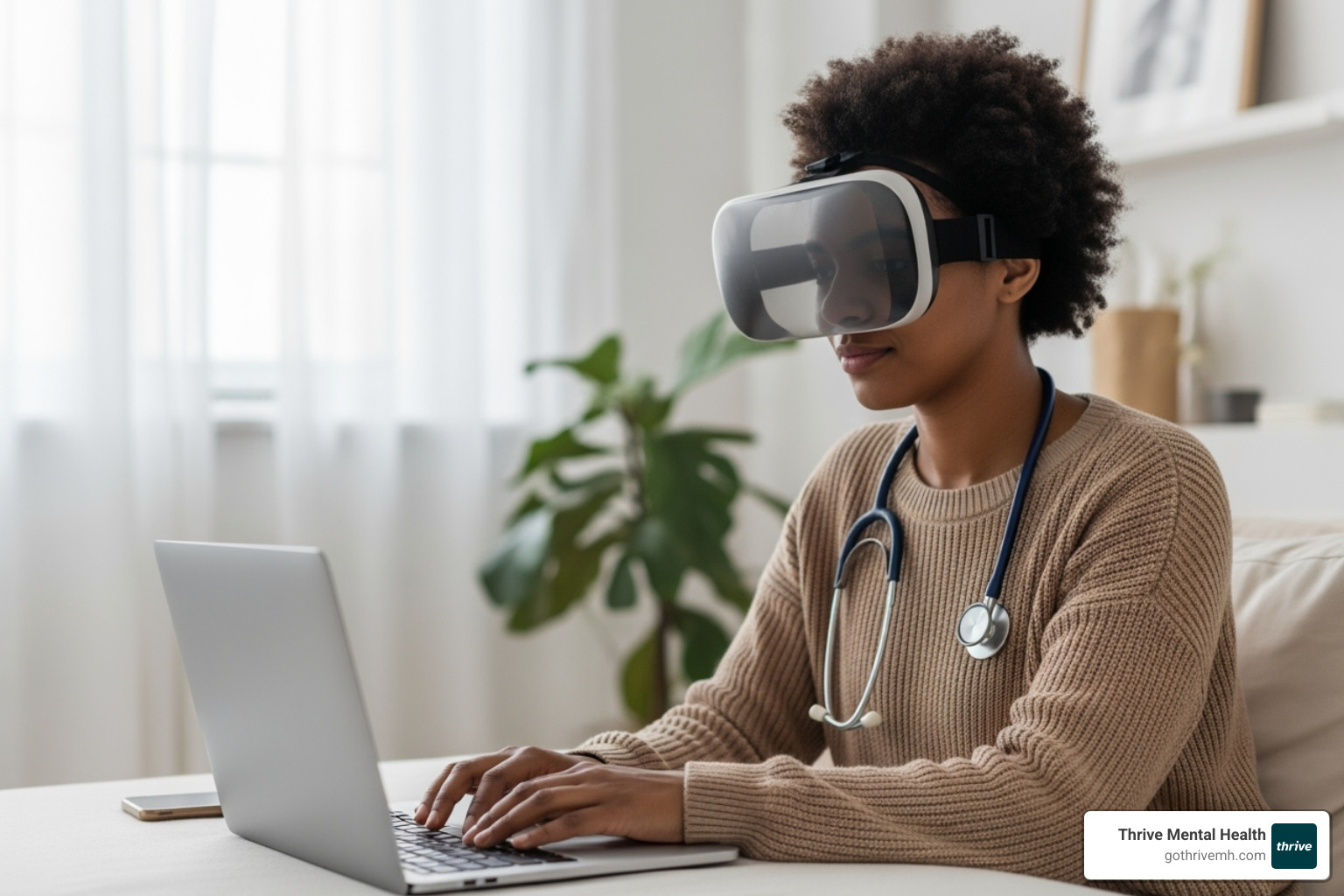 A person engaged in a virtual therapy session on a laptop, with a serene background - iop acronym medical