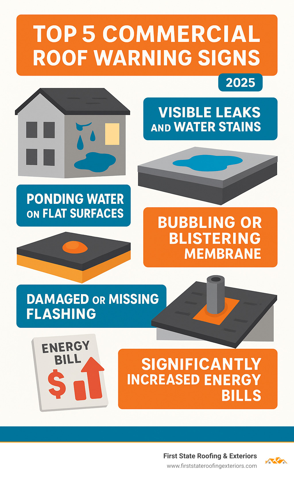 Infographic showing the top 5 commercial roof warning signs: visible leaks and water stains, ponding water on flat surfaces, bubbling or blistering membrane, damaged or missing flashing around roof penetrations, and significantly increased energy bills indicating poor insulation - roofing and roof repairs infographic 