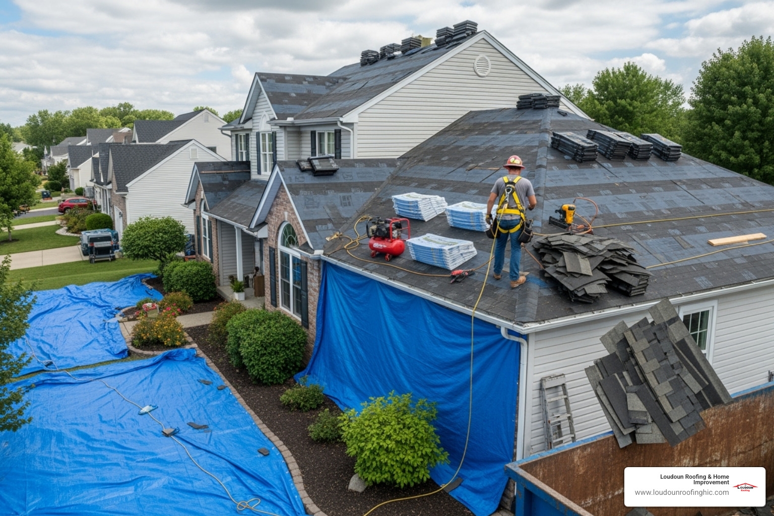 A home prepped for a roof replacement with tarps protecting landscaping and a roofer in safety gear on the roof - local roofers in my area