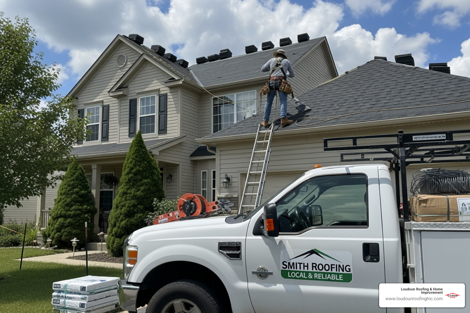 A local roofing truck with a safety-harnessed roofer on a residential roof - local roofers in my area