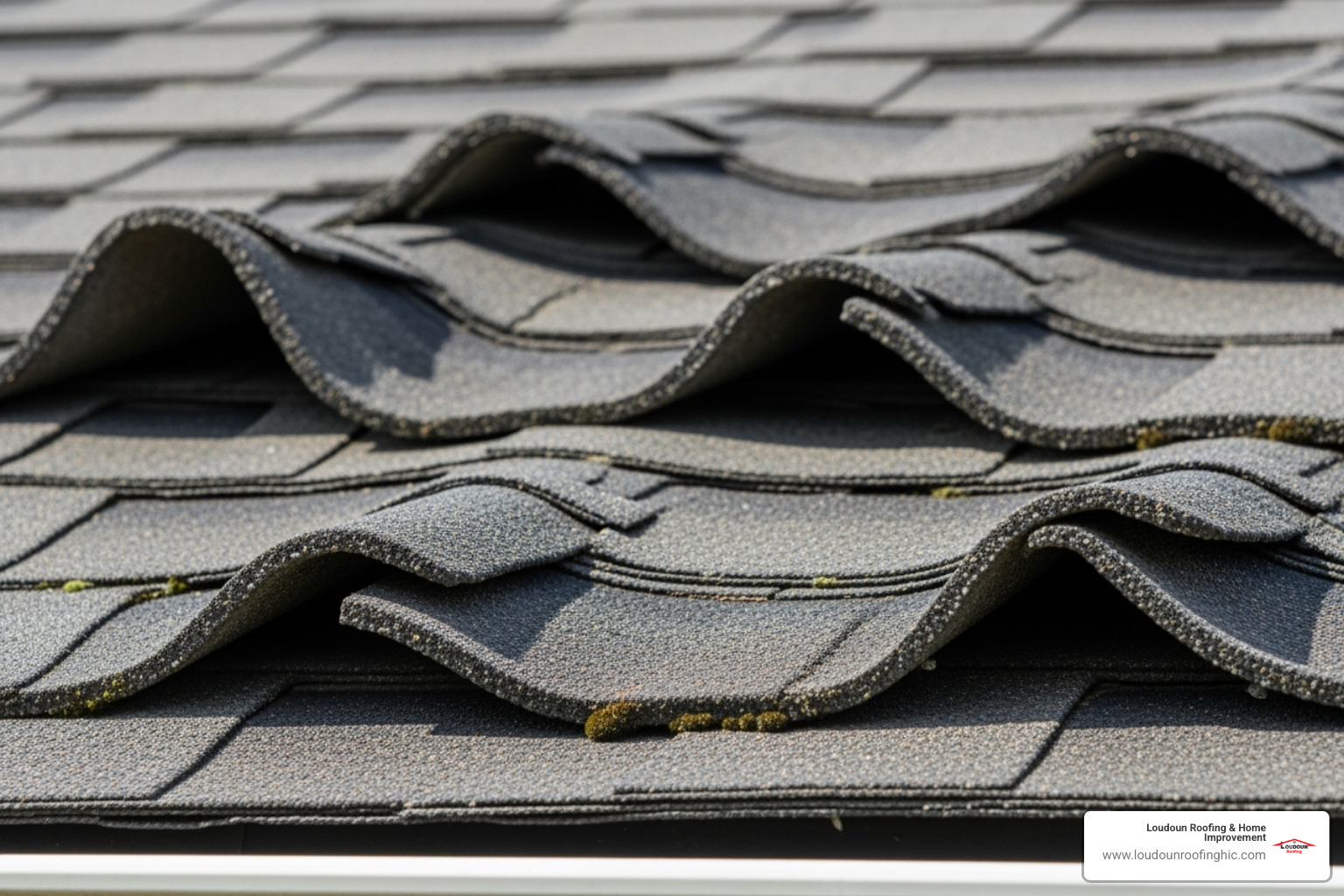 Close-up of curling asphalt shingles on a roof - local roofers in my area