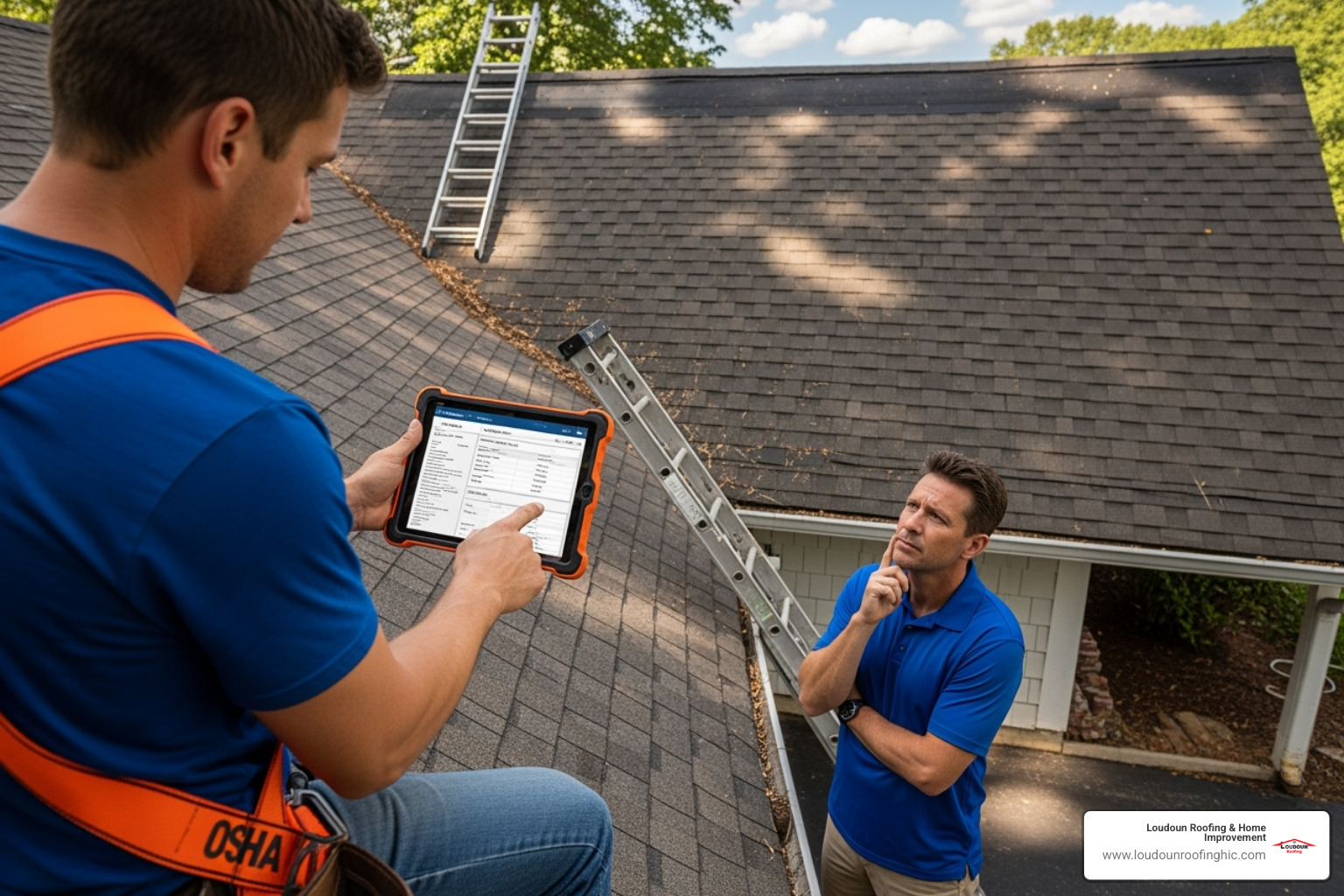 A roofer in a safety harness providing a detailed estimate to a homeowner on a tablet - local roofers in my area