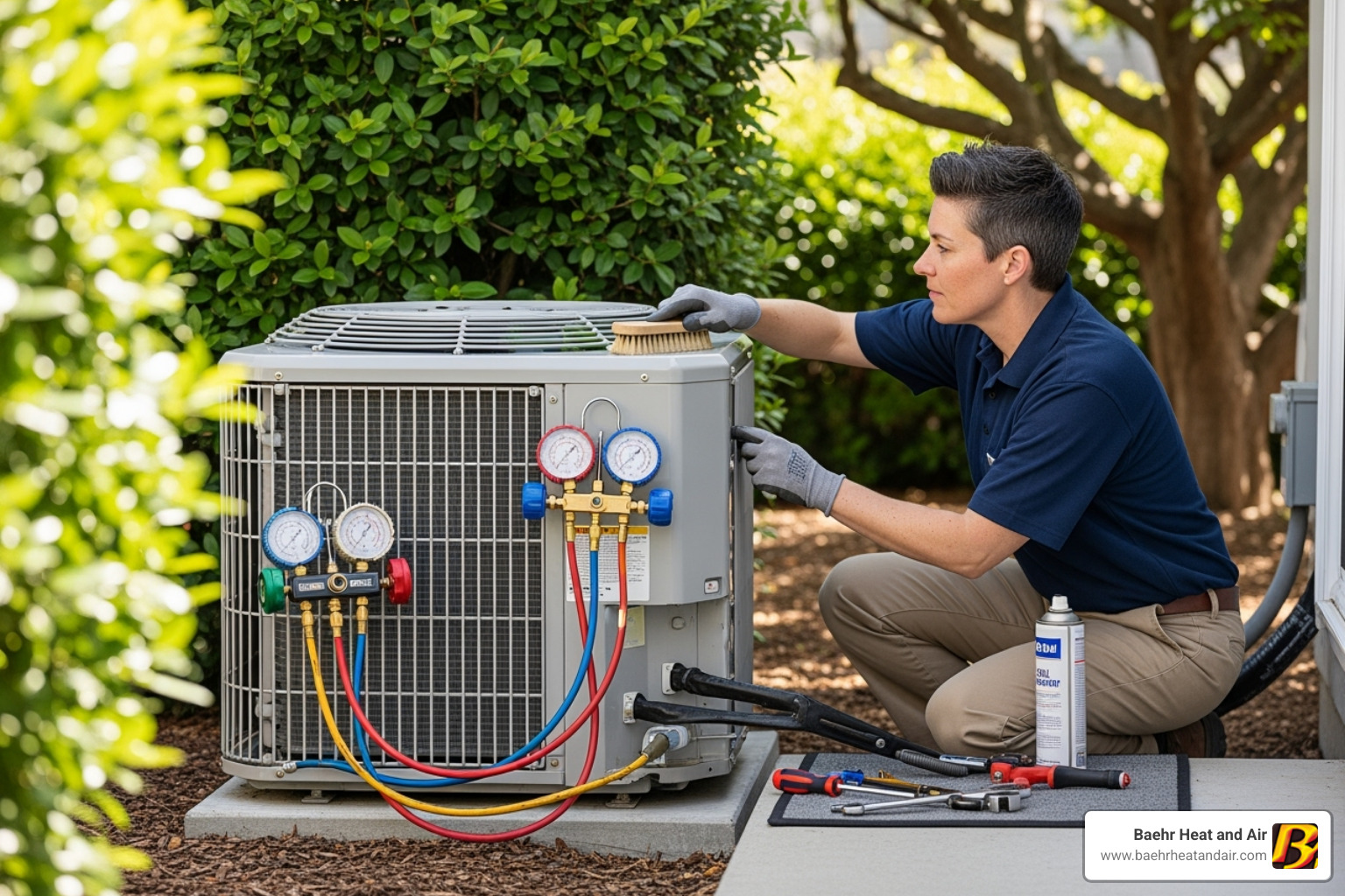 A technician is shown performing a tune-up on an outdoor air conditioning unit, cleaning components and checking connections, with green foliage in the background - hvac repair auburn
