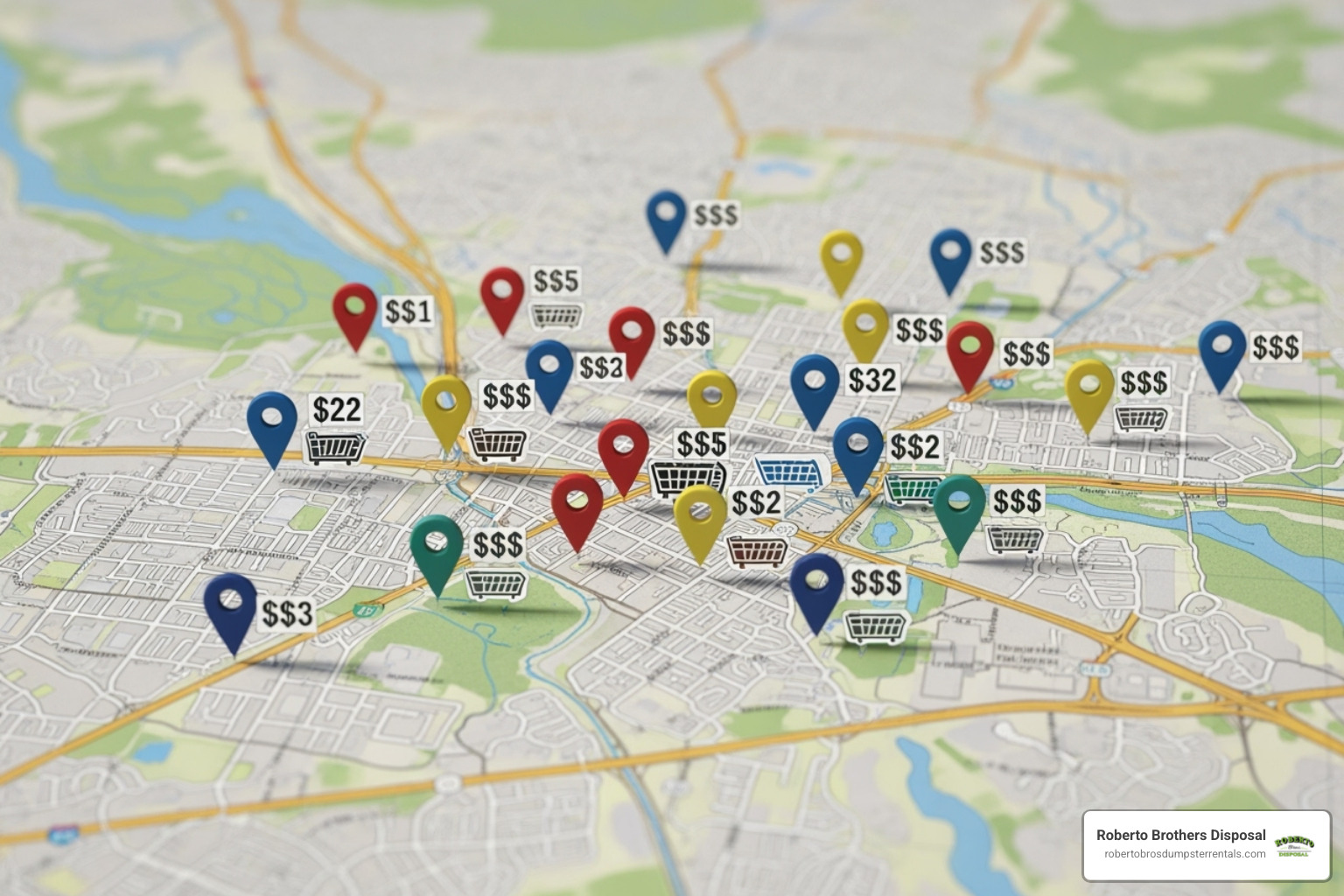 A map with various location pins and dollar signs to represent price differences in dumpster rentals - cheapest roll off dumpster rental