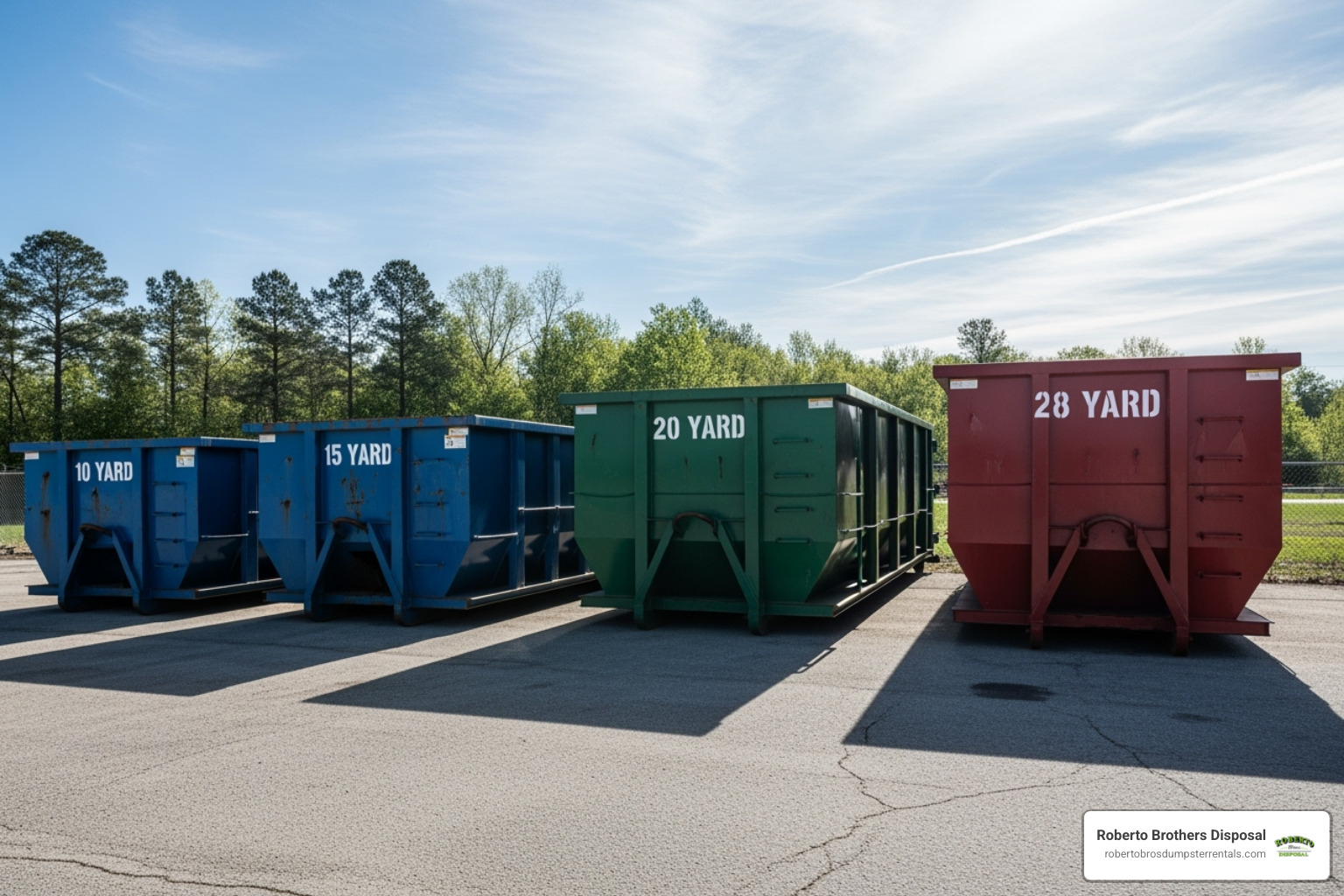 Four different-sized roll-off dumpsters from Roberto Brothers Disposal lined up for comparison, showing 10-yard, 15-yard, 20-yard, and 28-yard options - cheapest roll off dumpster rental