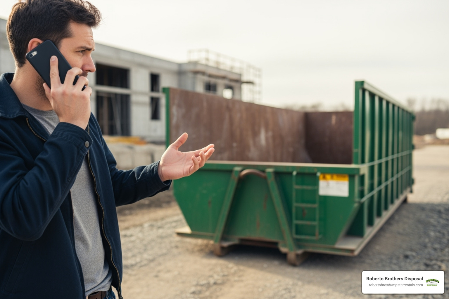 A person on a phone getting a quote for a dumpster rental from Roberto Brothers Disposal - cheapest roll off dumpster rental