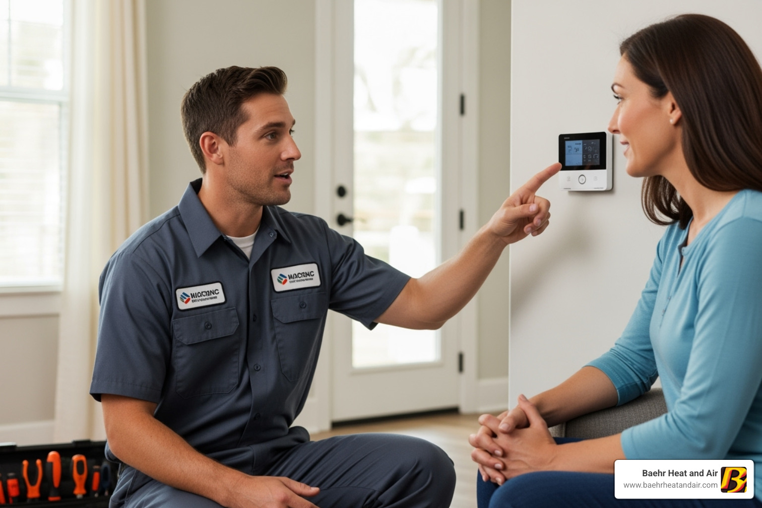 A friendly, professional HVAC technician in uniform is shown speaking with a homeowner in their living room, pointing towards a thermostat and explaining something, emphasizing clear communication and trust - hvac repair auburn