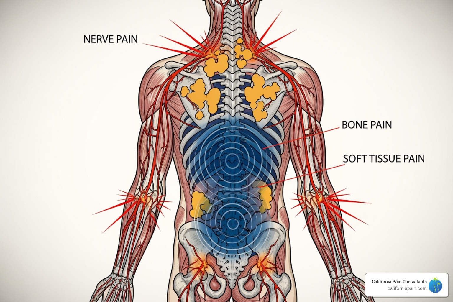 illustrating the difference between nerve pain, bone pain, and soft tissue pain - Cancer pain management illustrating the difference between nerve pain, bone pain, and soft tissue pain - Cancer pain management