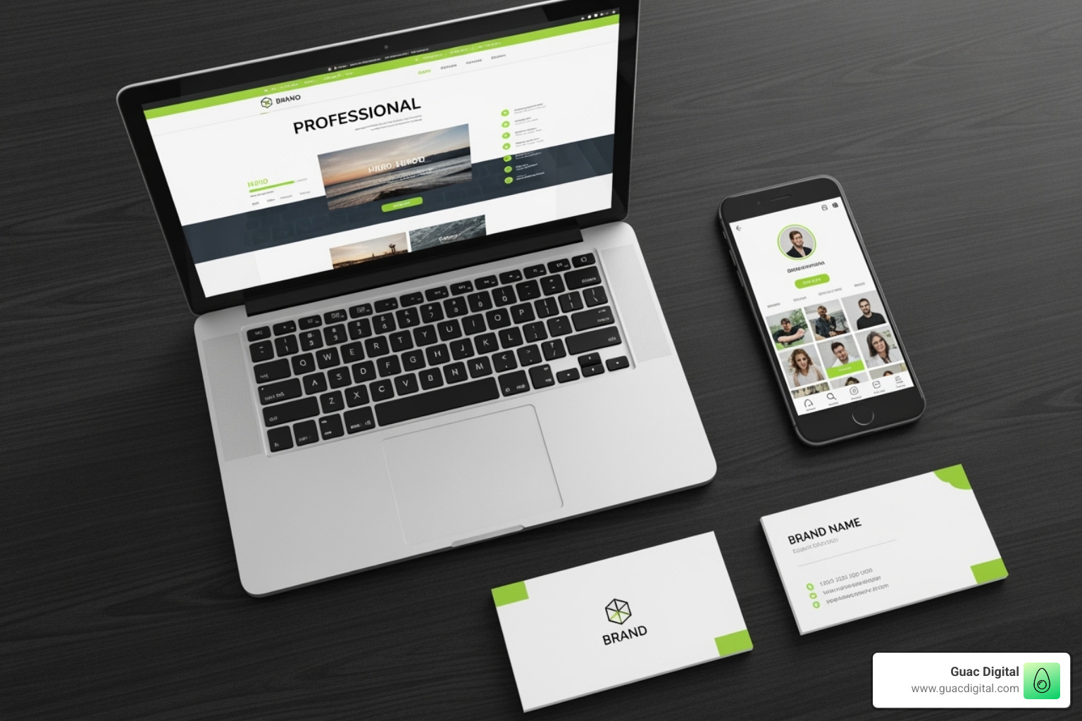 cohesive brand visual identity across a website, social media, and business card - brand builder