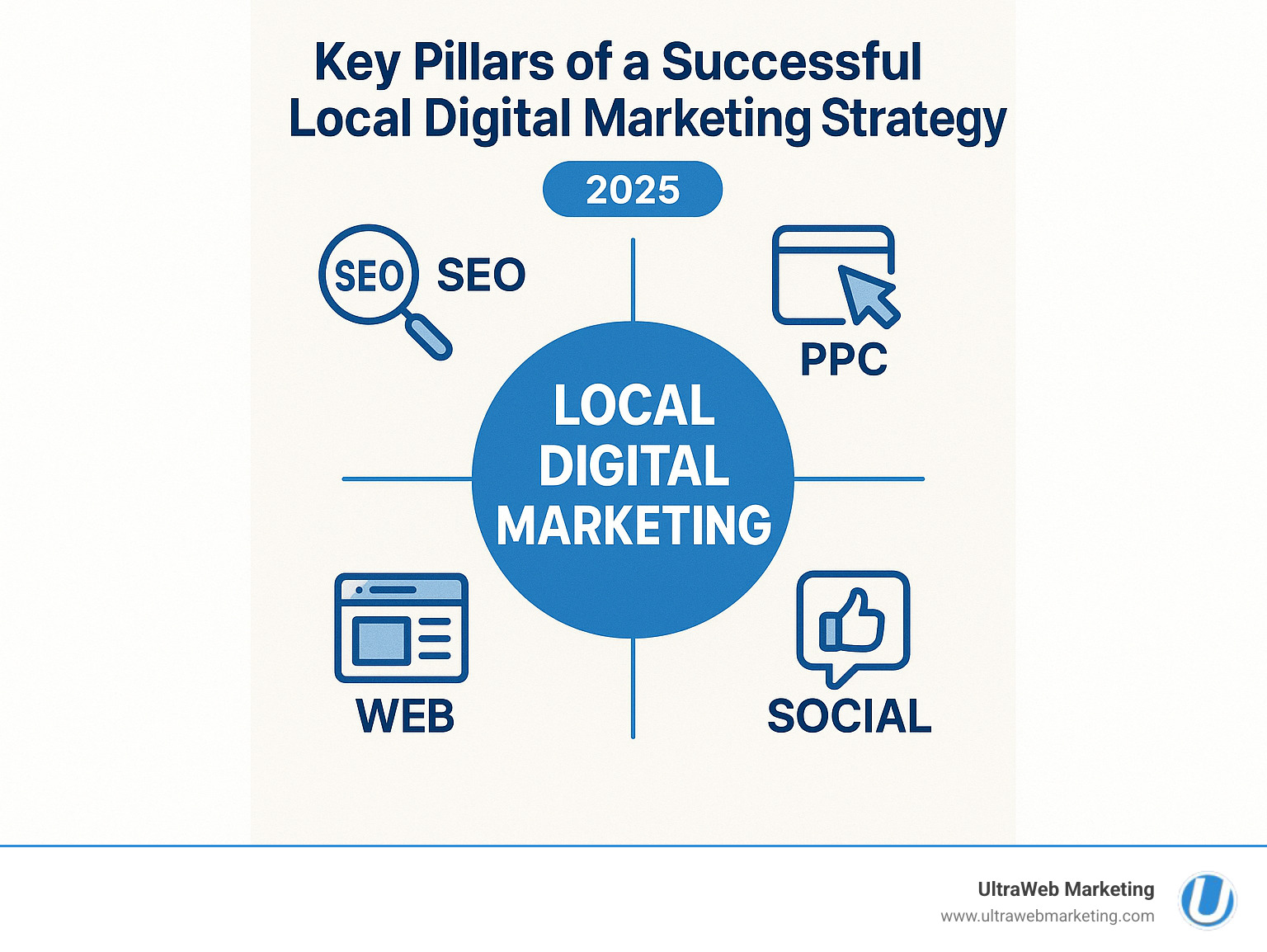 Infographic explaining the key pillars of a successful local digital marketing strategy (SEO, PPC, Social, Web) - digital marketing Boynton Beach infographic Infographic explaining the key pillars of a successful local digital marketing strategy (SEO, PPC, Social, Web) - digital marketing Boynton Beach infographic