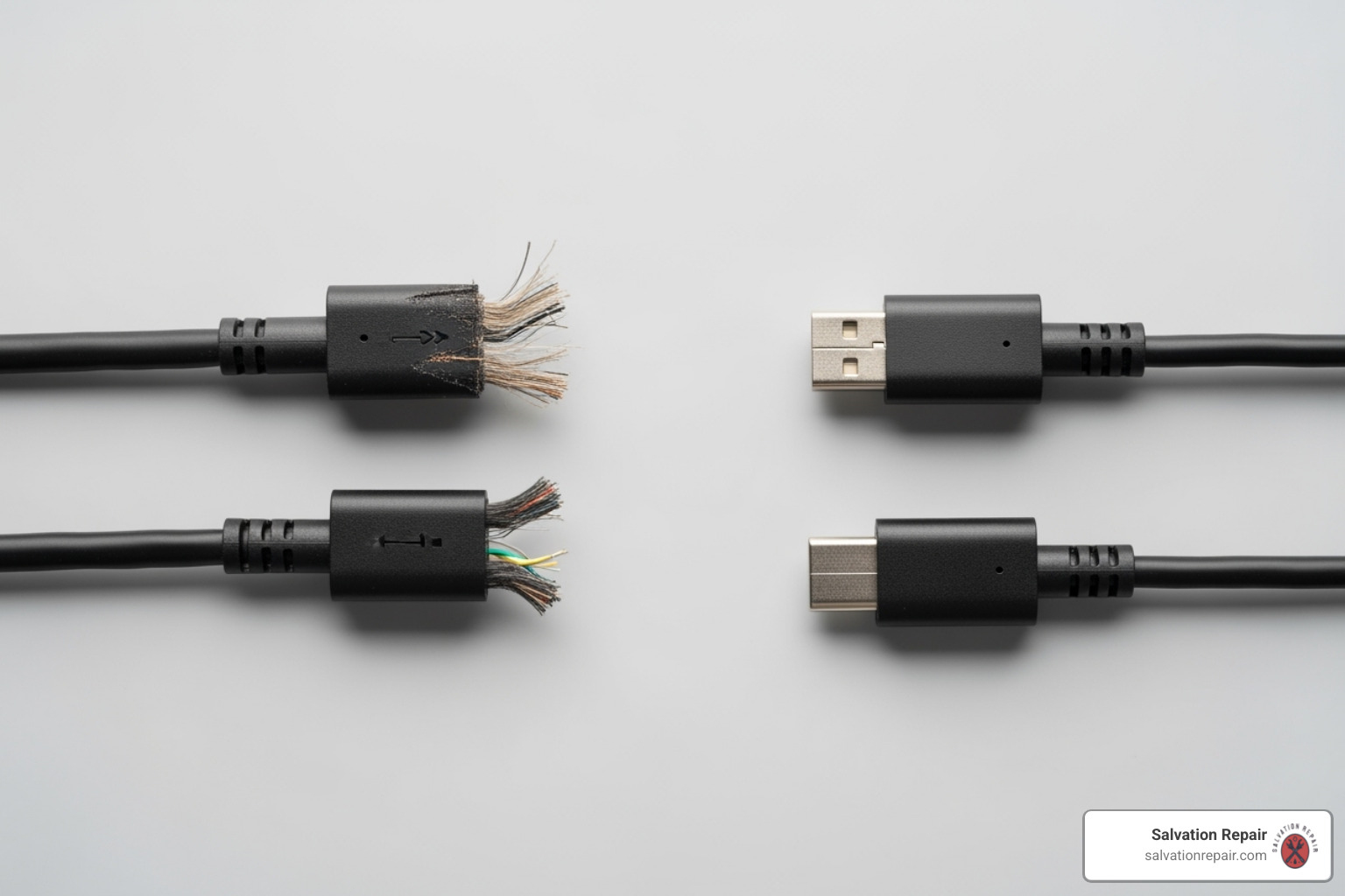 A picture comparing a frayed, damaged charging cable next to a new, intact one - iPad not charging