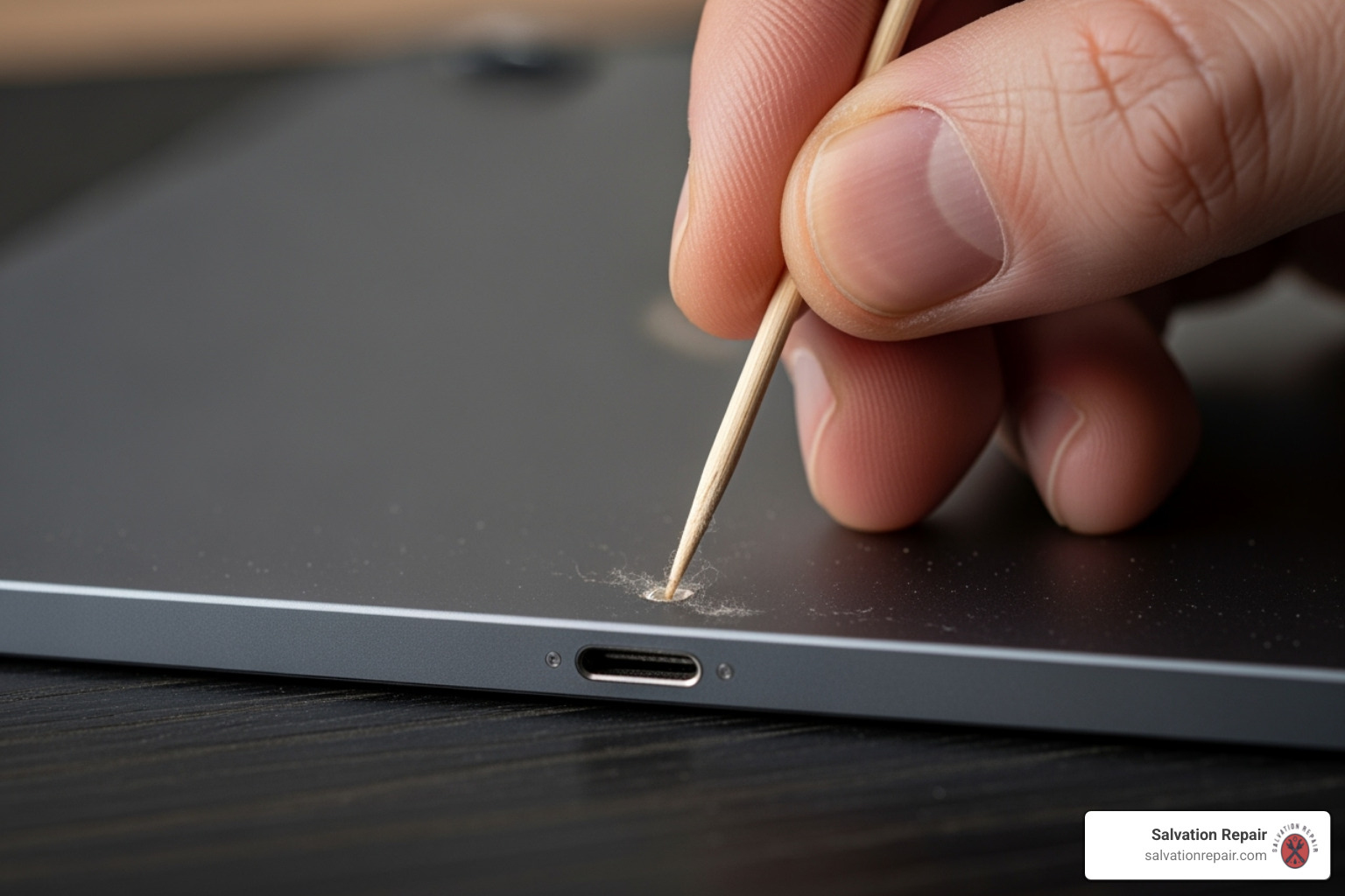 A person carefully cleaning an iPad's charging port with a non-metallic tool, such as a wooden toothpick - iPad not charging