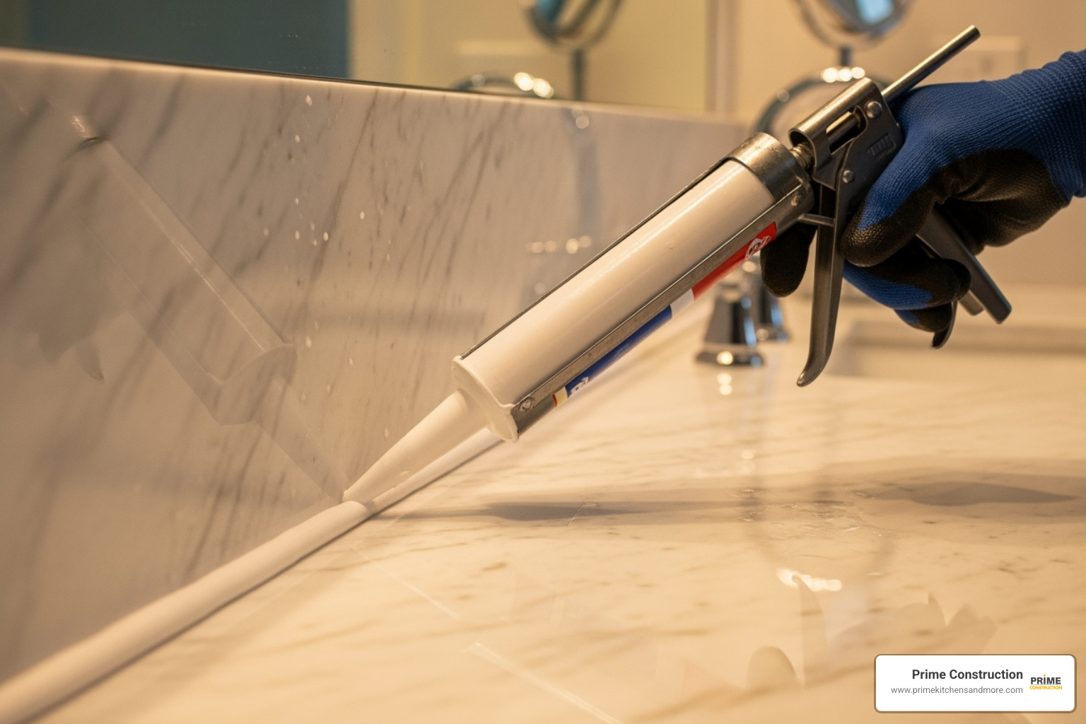 A hand applying a bead of caulk along the backsplash - install marble vanity top