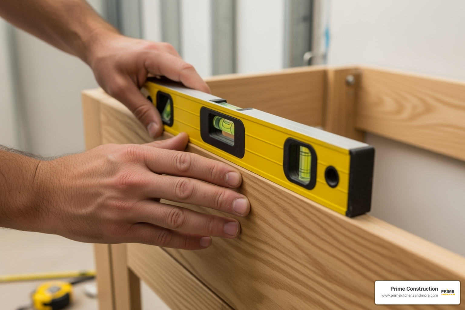 A level being used to check the vanity base - install marble vanity top