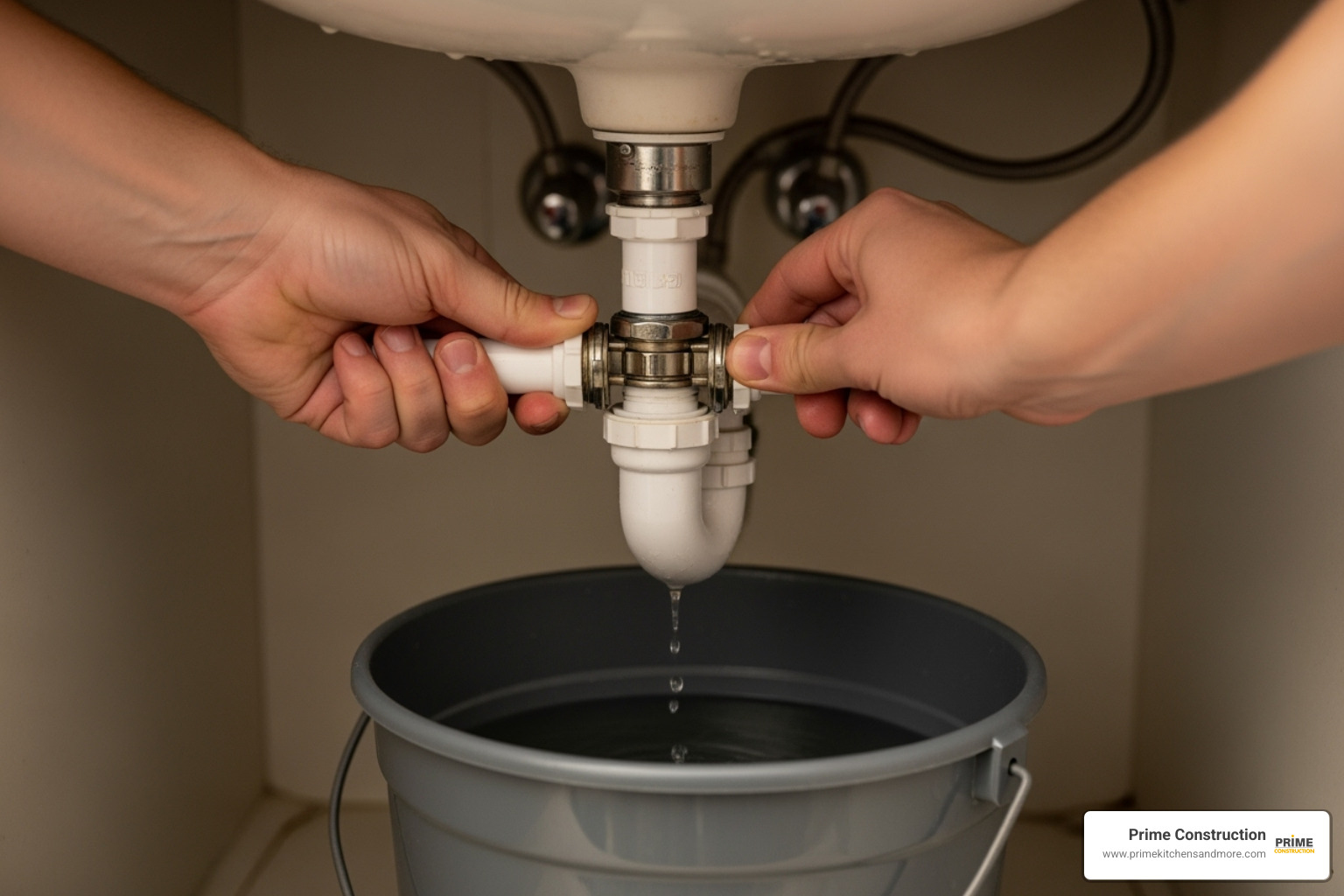 A person disconnecting P-trap plumbing under a sink - install marble vanity top