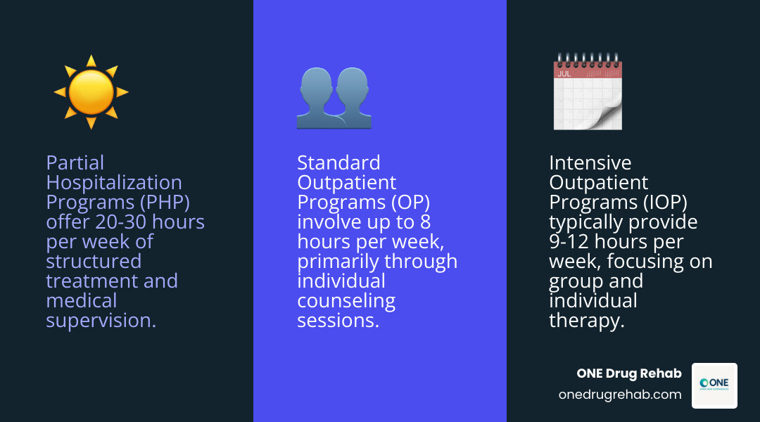 Infographic showing three levels of outpatient care in Union County NJ: Partial Hospitalization Programs with 20-30 hours weekly structured treatment and medical supervision, Intensive Outpatient Programs with 9-12 hours weekly group and individual therapy, and Standard Outpatient Programs with up to 8 hours weekly individual counseling sessions - outpatient rehab programs union county nj infographic 3_facts_emoji_blue