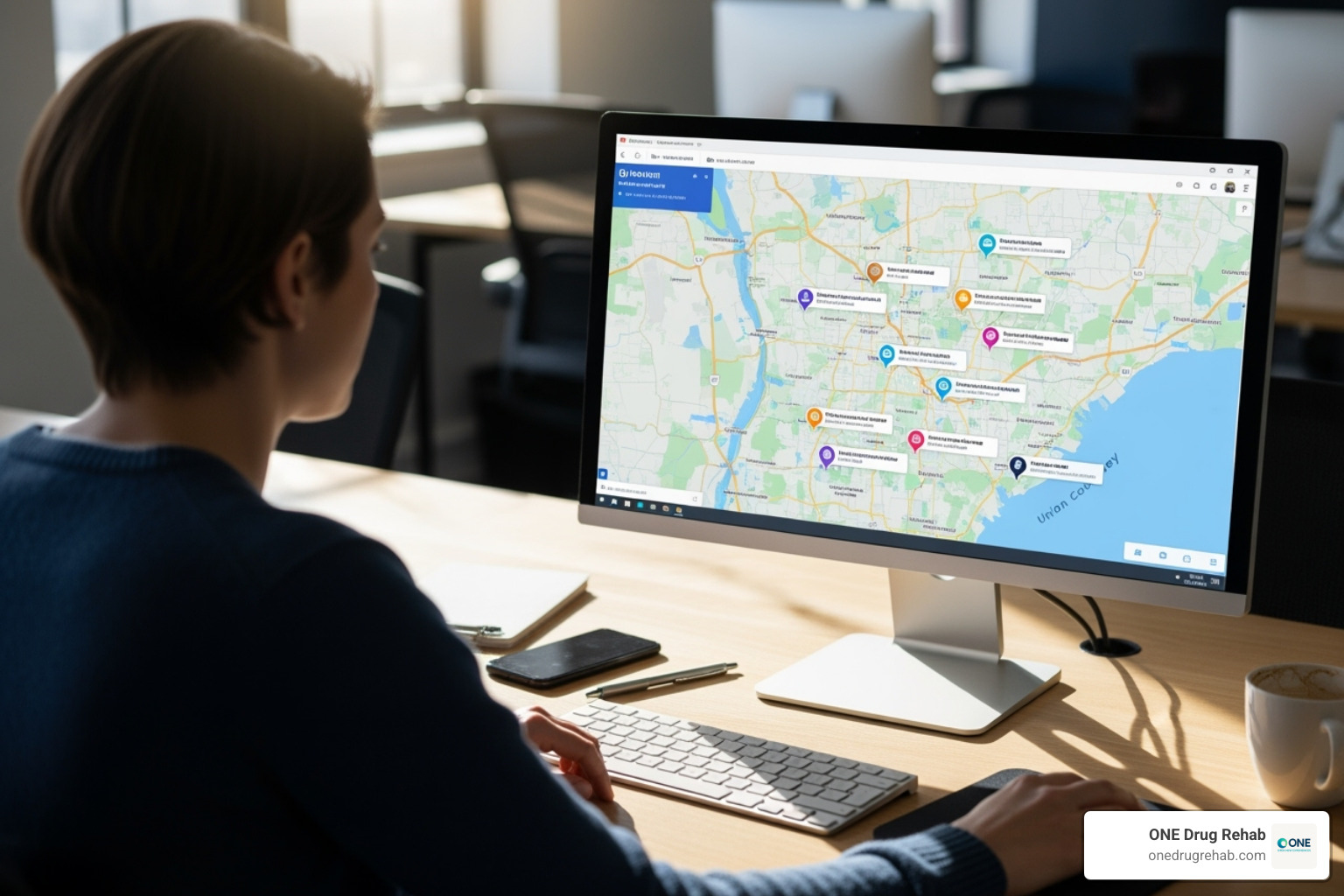 A person looking at a computer screen with a map of Union County, NJ, highlighting various treatment centers - outpatient rehab programs union county nj