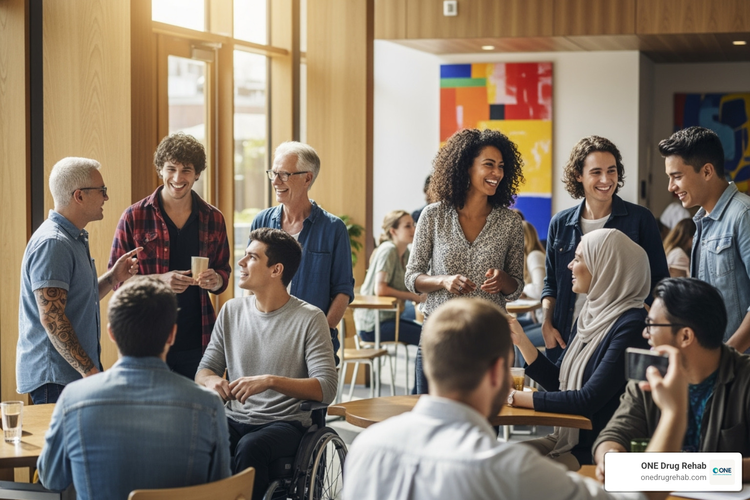 A diverse group of people in a supportive community setting, smiling and engaging in conversation - outpatient rehab programs union county nj