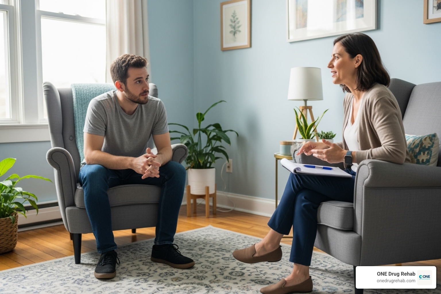 A person in a one-on-one counseling session, discussing their thoughts with a therapist in a supportive environment - outpatient rehab programs union county nj