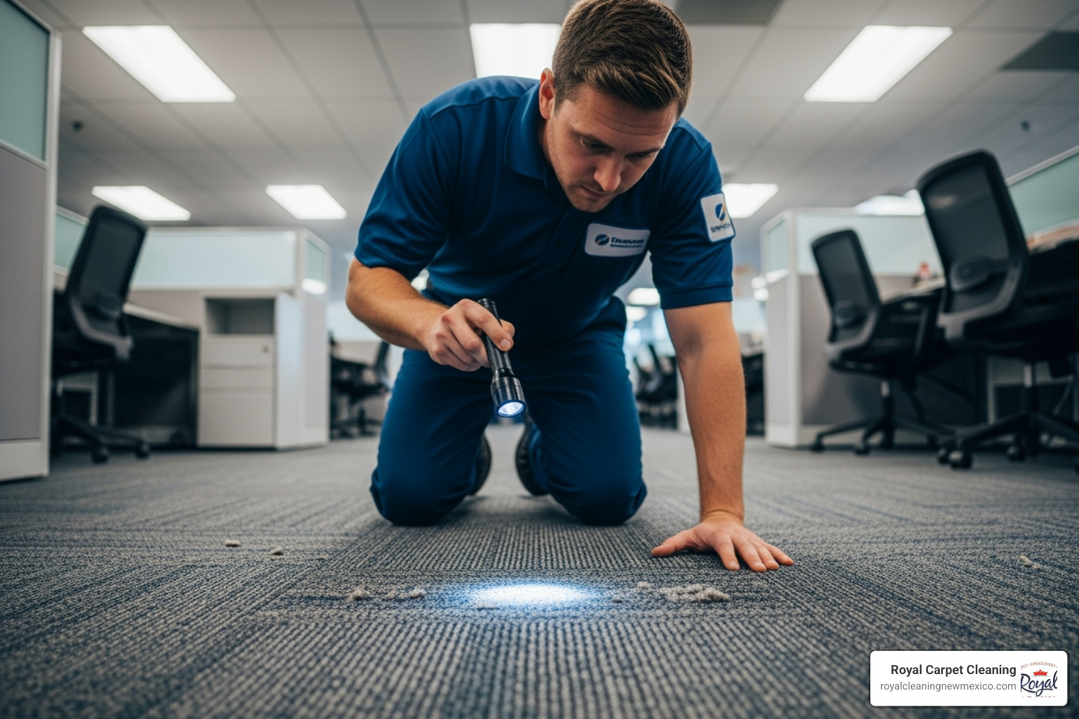 certified carpet cleaning technician inspecting carpet - Commercial carpet cleaning contractors