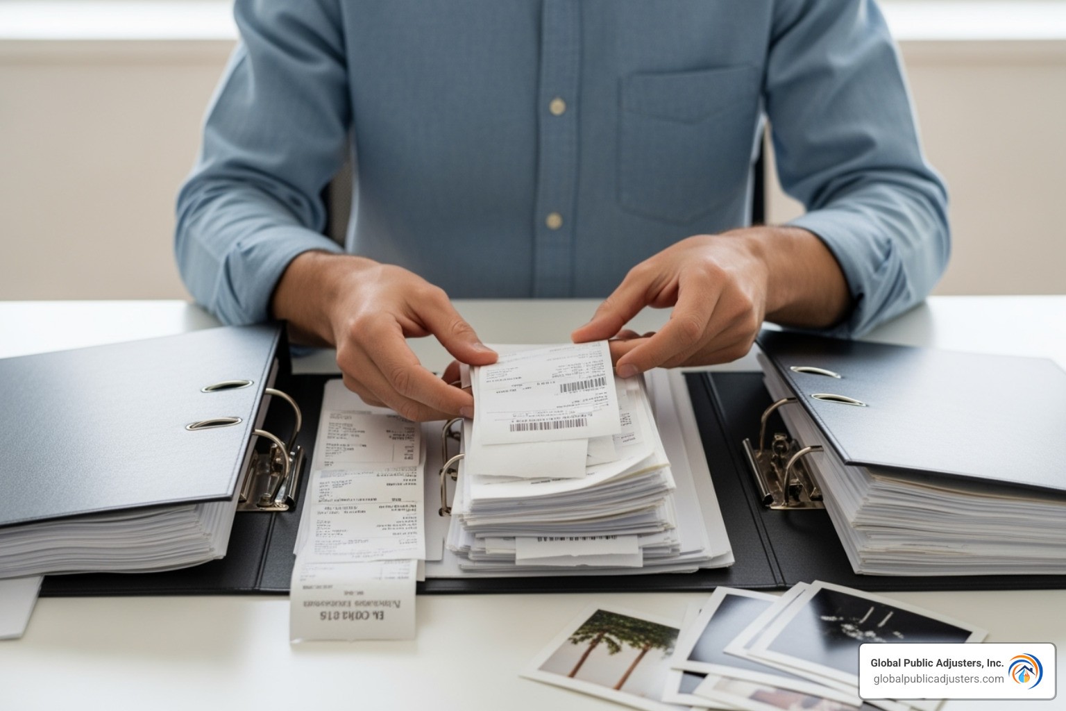 person organizing receipts and photos - residential insurance claims