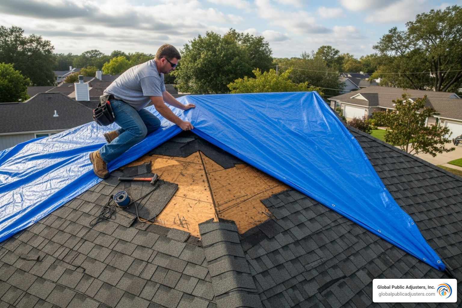 homeowner putting tarp on roof - residential insurance claims