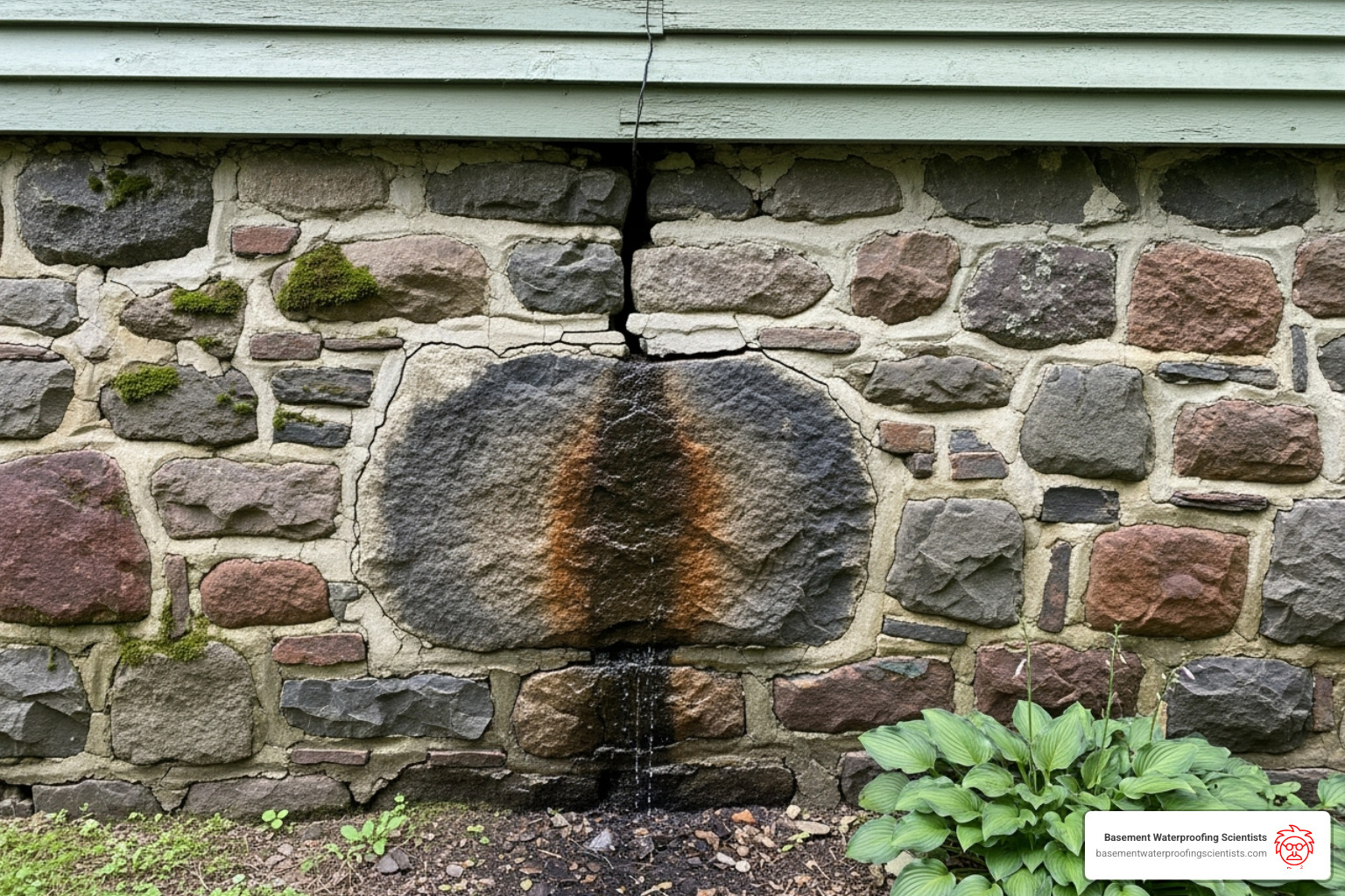 a charming older home's foundation with a damp spot on the wall - weeping tiles in older homes