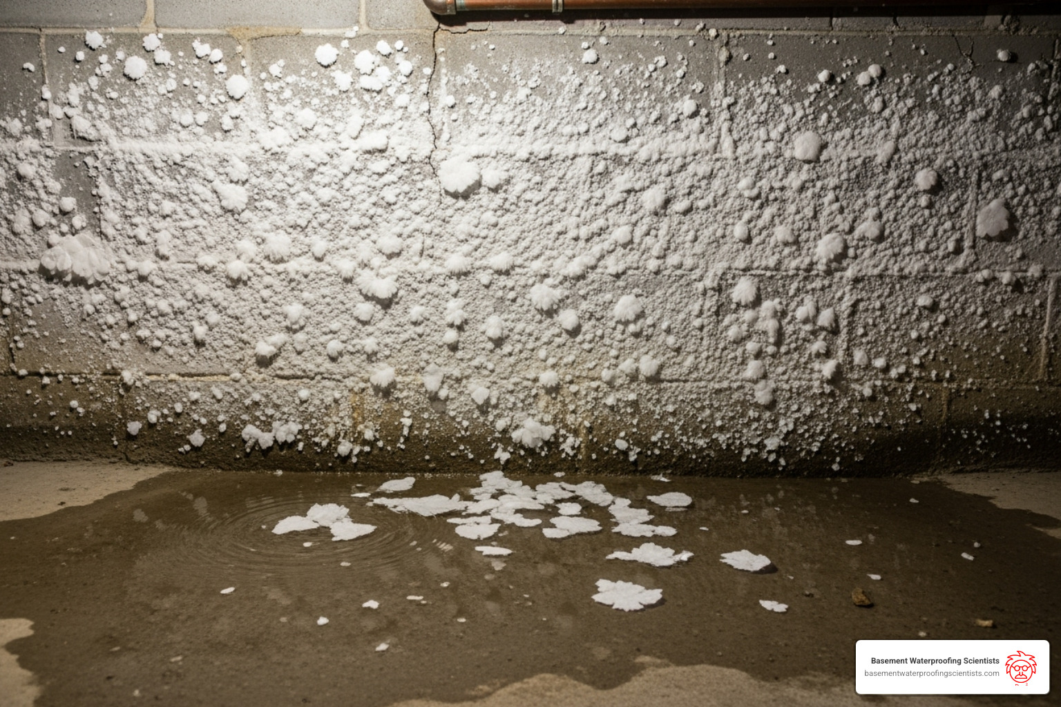 a damp basement with efflorescence on the walls and a puddle at the wall-floor joint - weeping tiles in older homes