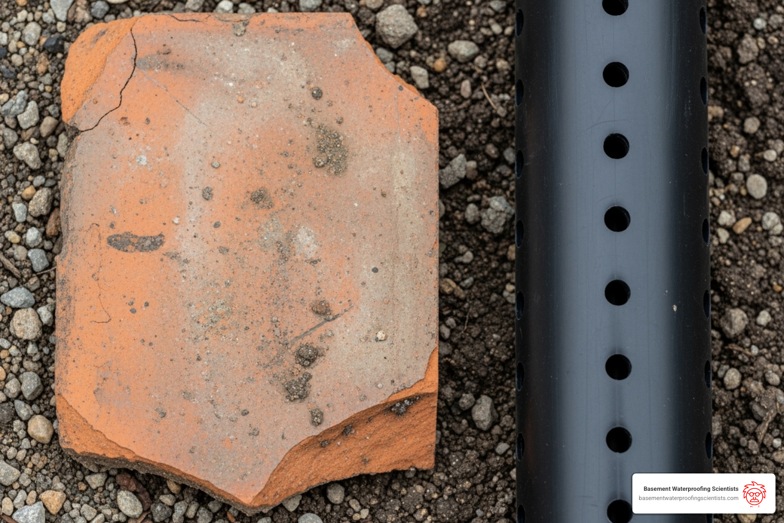 comparing a broken piece of old clay tile next to a modern perforated PVC pipe - weeping tiles in older homes