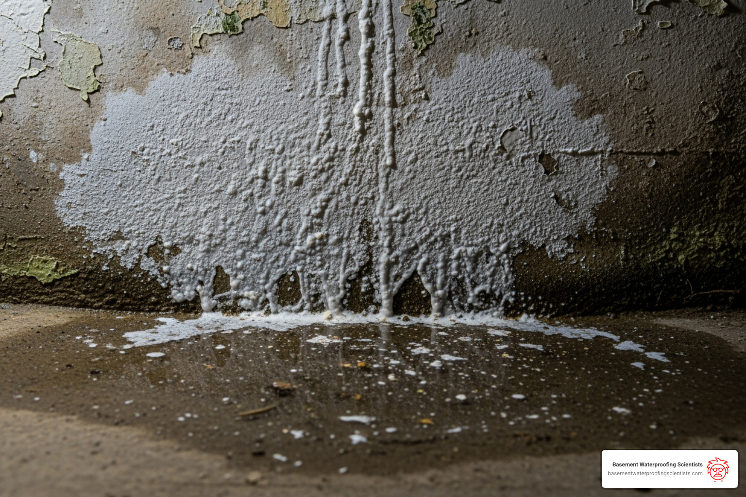 A damp basement with efflorescence on the walls and a puddle at the wall-floor joint - weeping tiles in older homes