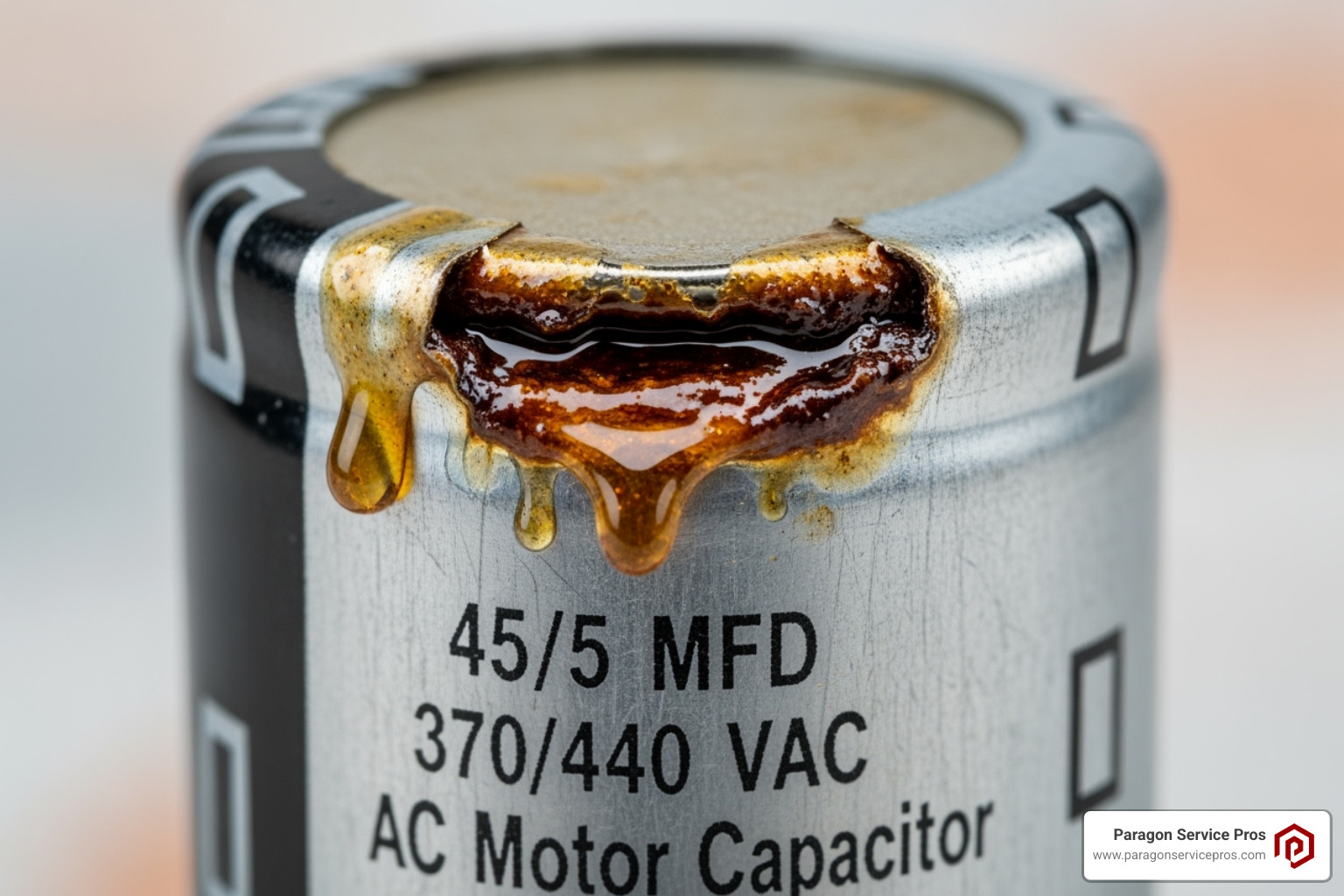 A bulging and leaking AC capacitor, indicating failure - AC not turning on