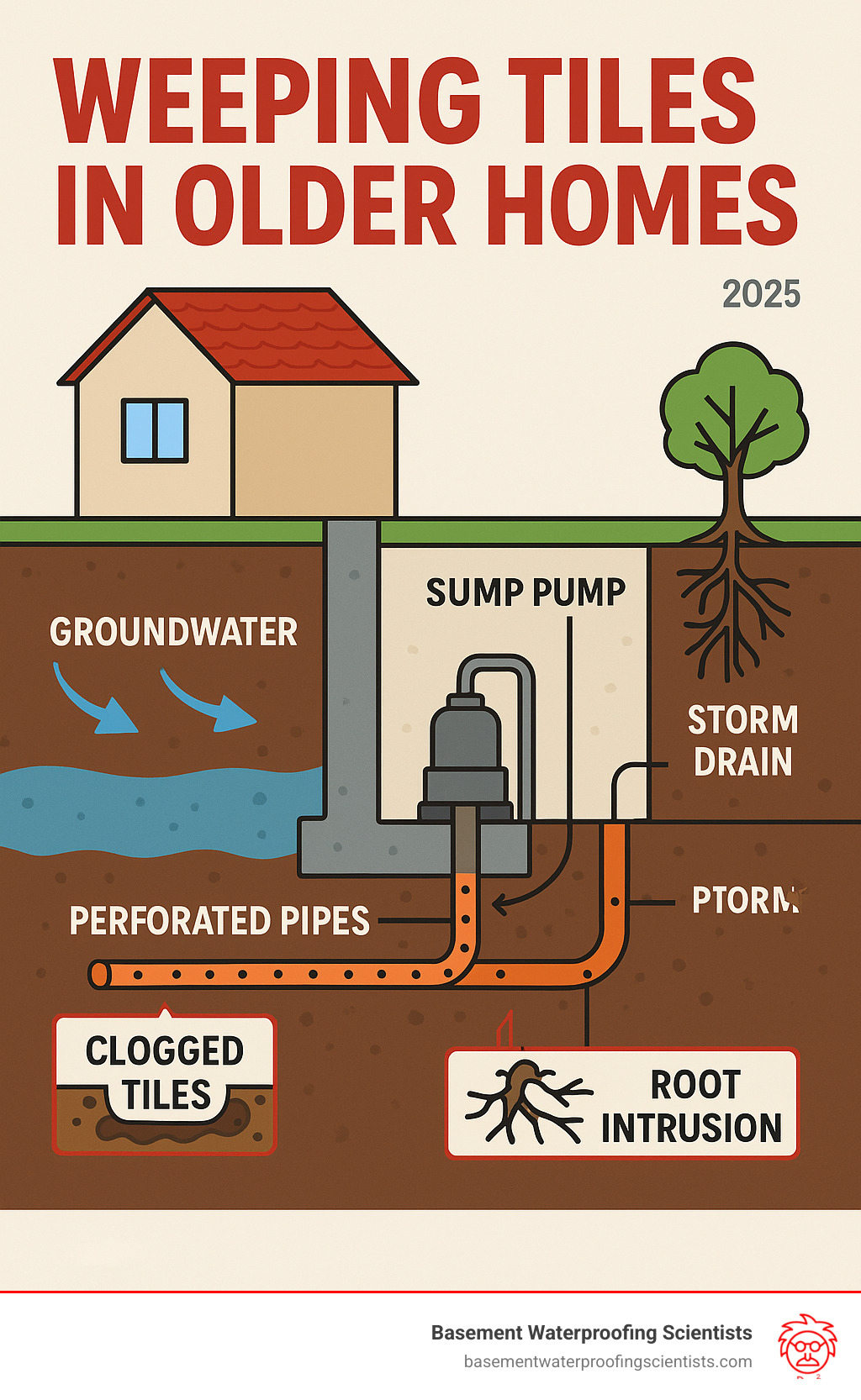 Comprehensive infographic showing cross-section view of an older home's foundation with weeping tile system, illustrating how groundwater flows into perforated pipes and gets directed to sump pump or storm drain, including common failure points like clogged tiles and root intrusion - weeping tiles in older homes infographic 
