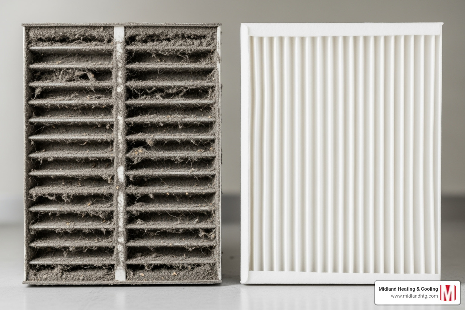 dirty furnace filter next to a clean one - heater repair minneapolis