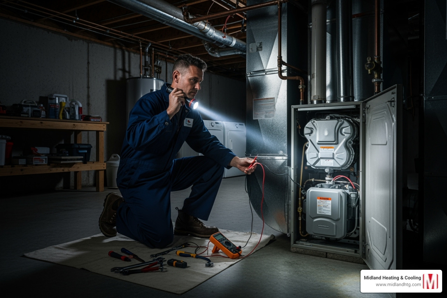 technician performing emergency heater repair at night - heater repair minneapolis