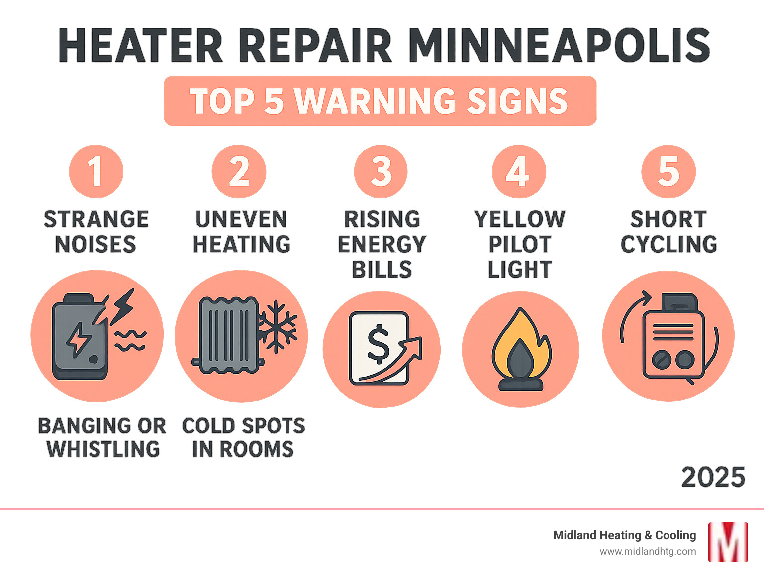 Infographic showing the top 5 warning signs your heater needs repair in Minneapolis: strange noises like banging or whistling, uneven heating with cold spots in rooms, rising energy bills, yellow pilot light instead of blue, and short cycling where the system turns on and off frequently - heater repair minneapolis infographic 