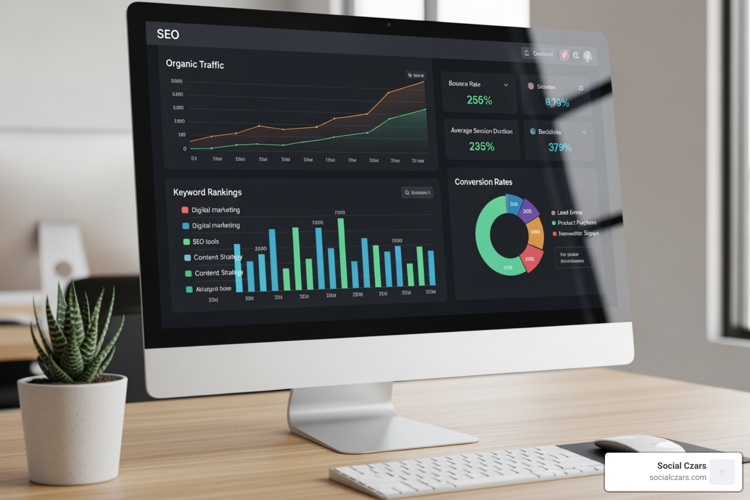 A dashboard displaying various SEO metrics such as organic traffic, keyword rankings, and conversion rates - seo for real estate