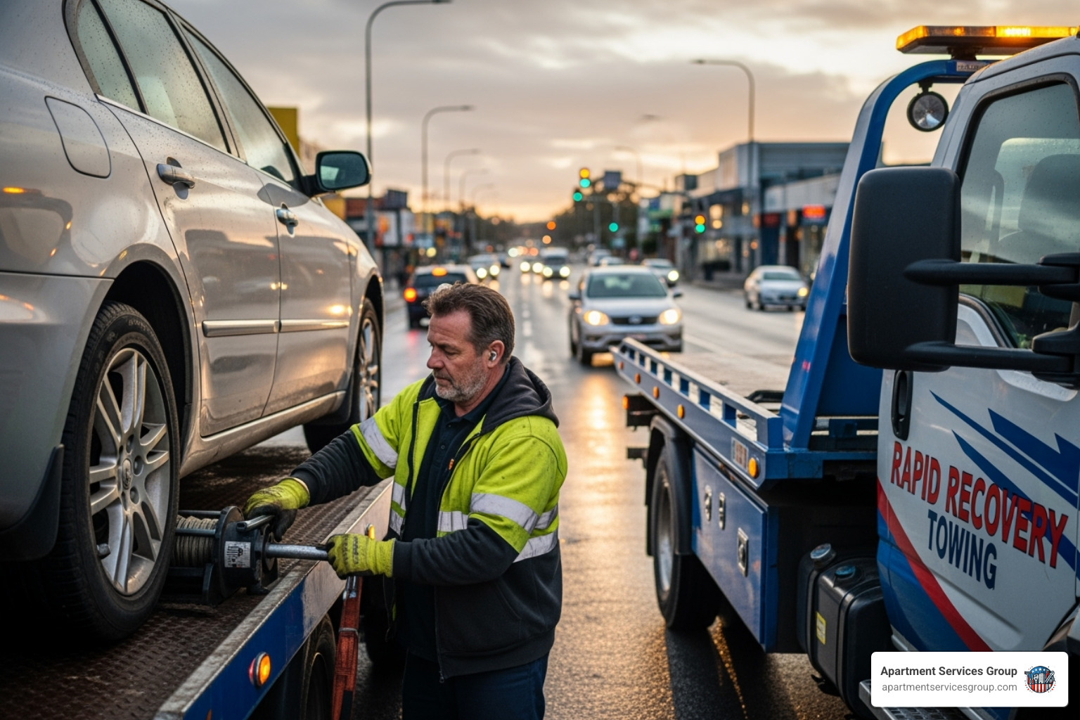 Professional tow truck driver preparing to tow a vehicle - apartment towing service Houston