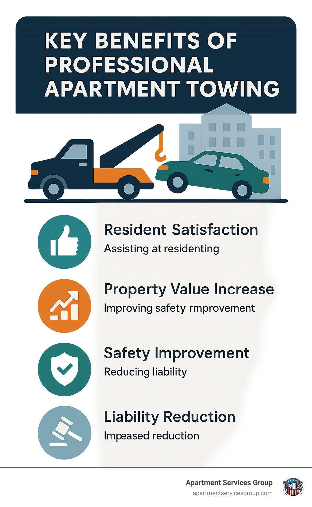 Infographic showing key benefits of professional apartment towing: resident satisfaction, property value increase, safety improvement, and liability reduction - apartment towing service Houston infographic 