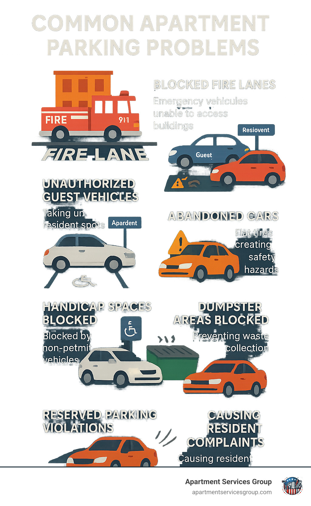 Infographic showing common apartment parking problems including blocked fire lanes with emergency vehicles unable to access buildings, unauthorized guest vehicles taking up resident spots, abandoned cars with flat tires creating safety hazards, handicap spaces blocked by non-permit vehicles, dumpster areas blocked preventing waste collection, and reserved parking violations causing resident complaints - apartment towing service Houston infographic 