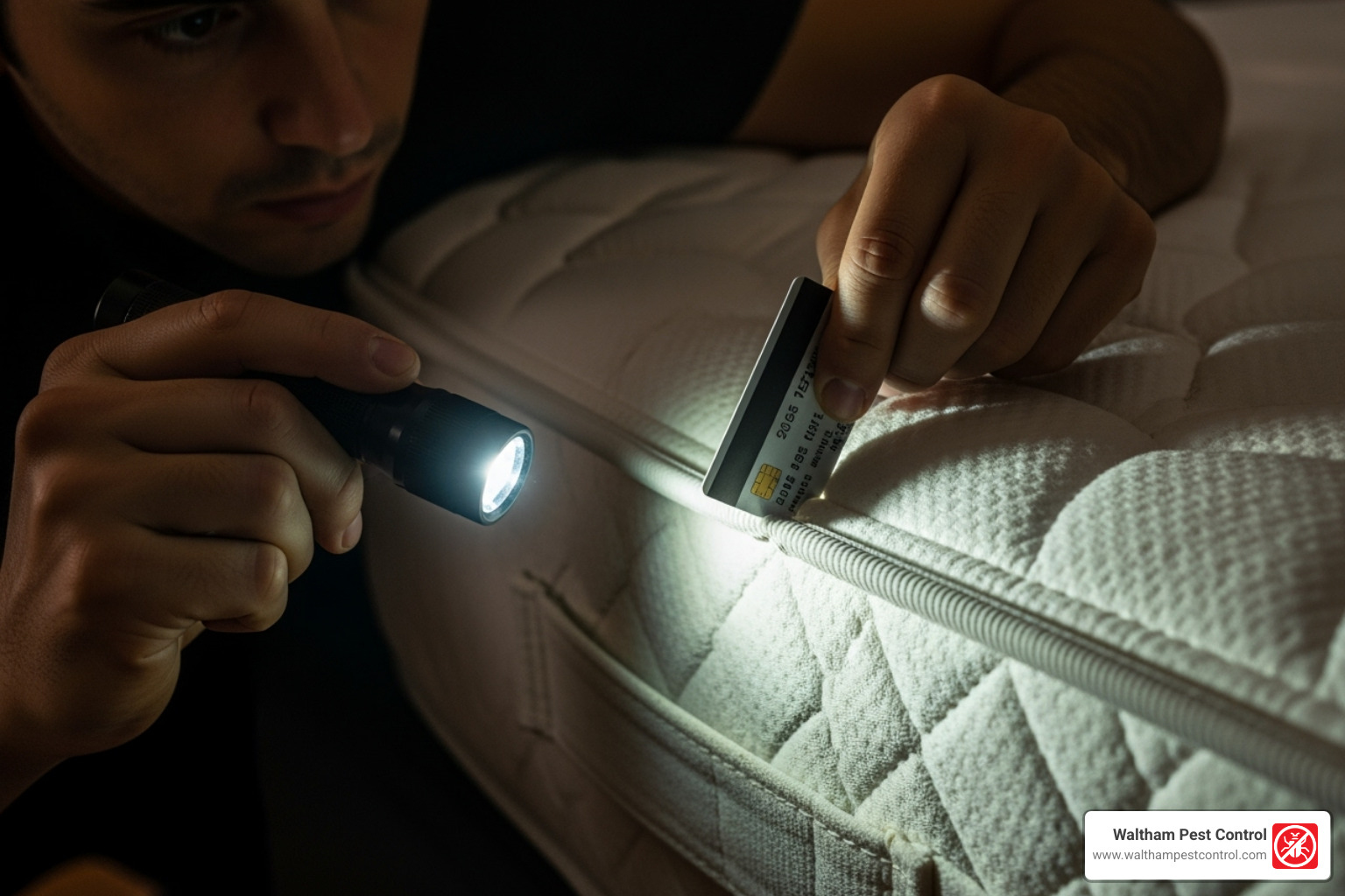 a person using a flashlight and credit card to inspect a mattress - how to find bed bugs a person using a flashlight and credit card to inspect a mattress - how to find bed bugs
