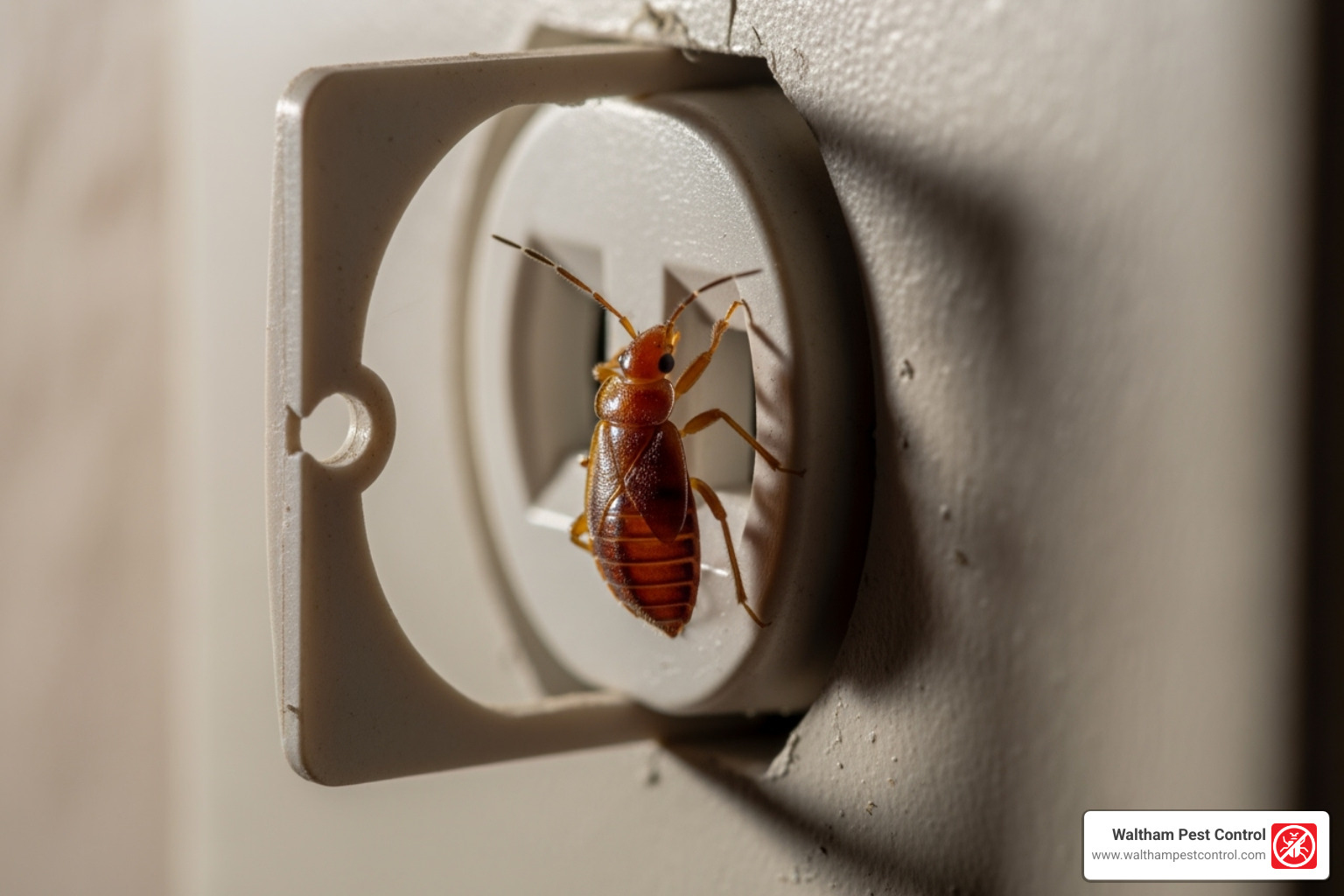 a bed bug hiding behind a loose electrical outlet cover - how to find bed bugs a bed bug hiding behind a loose electrical outlet cover - how to find bed bugs