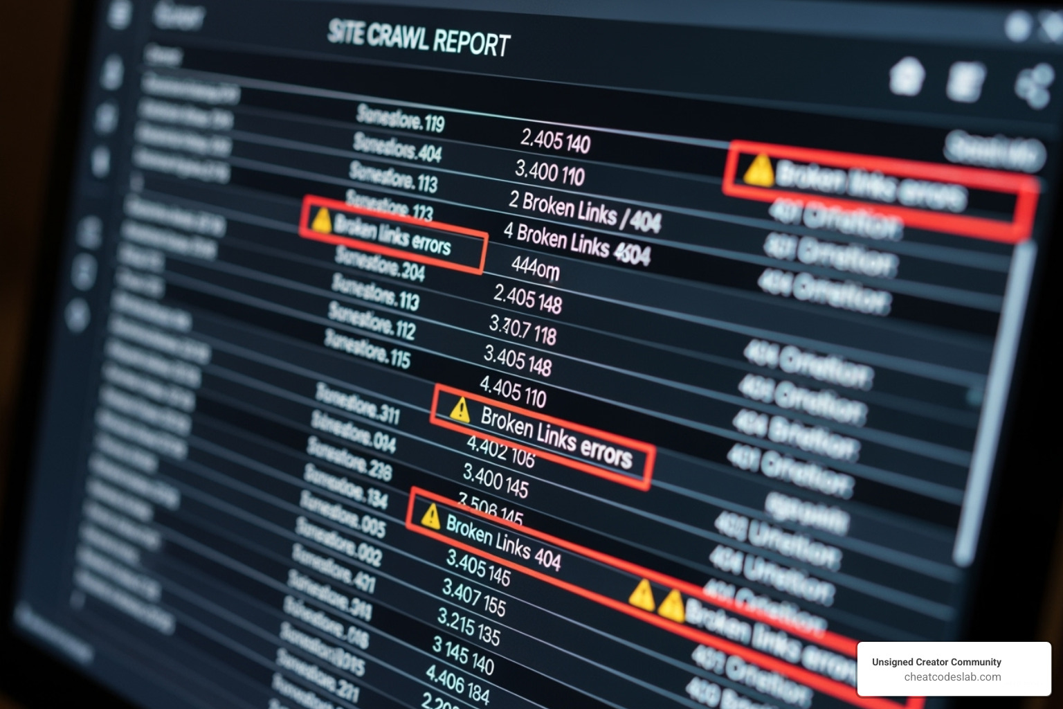 site crawl report highlighting broken links and 404 errors - automated seo testing