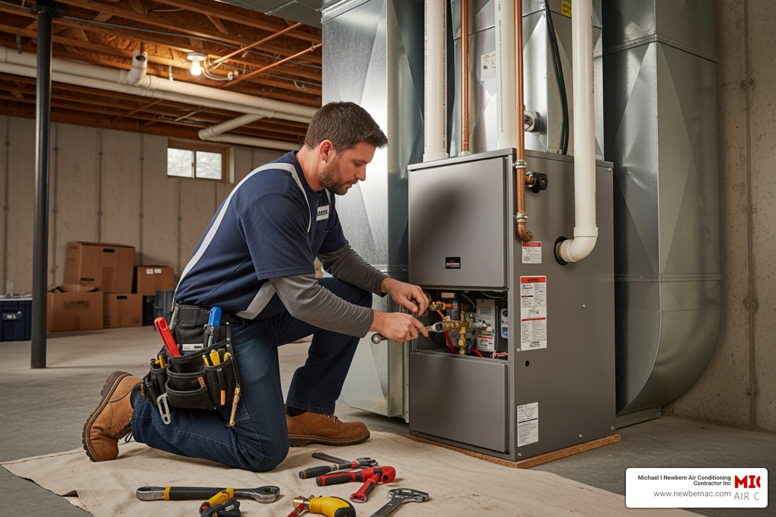HVAC technician installing a furnace - Furnace replacement near me