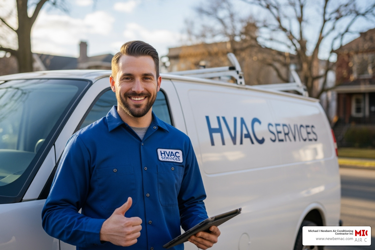 Friendly, certified HVAC technician smiling by a service van - Furnace replacement near me