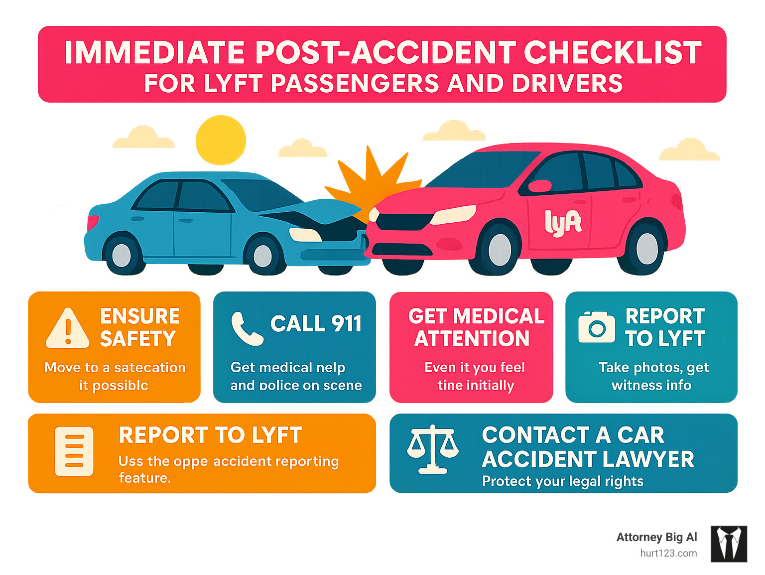 Detailed infographic showing the immediate post-accident checklist for Lyft passengers and drivers, including safety steps, documentation requirements, reporting procedures, and contact information for emergency services and legal help - lyft auto accident infographic Detailed infographic showing the immediate post-accident checklist for Lyft passengers and drivers, including safety steps, documentation requirements, reporting procedures, and contact information for emergency services and legal help - lyft auto accident infographic