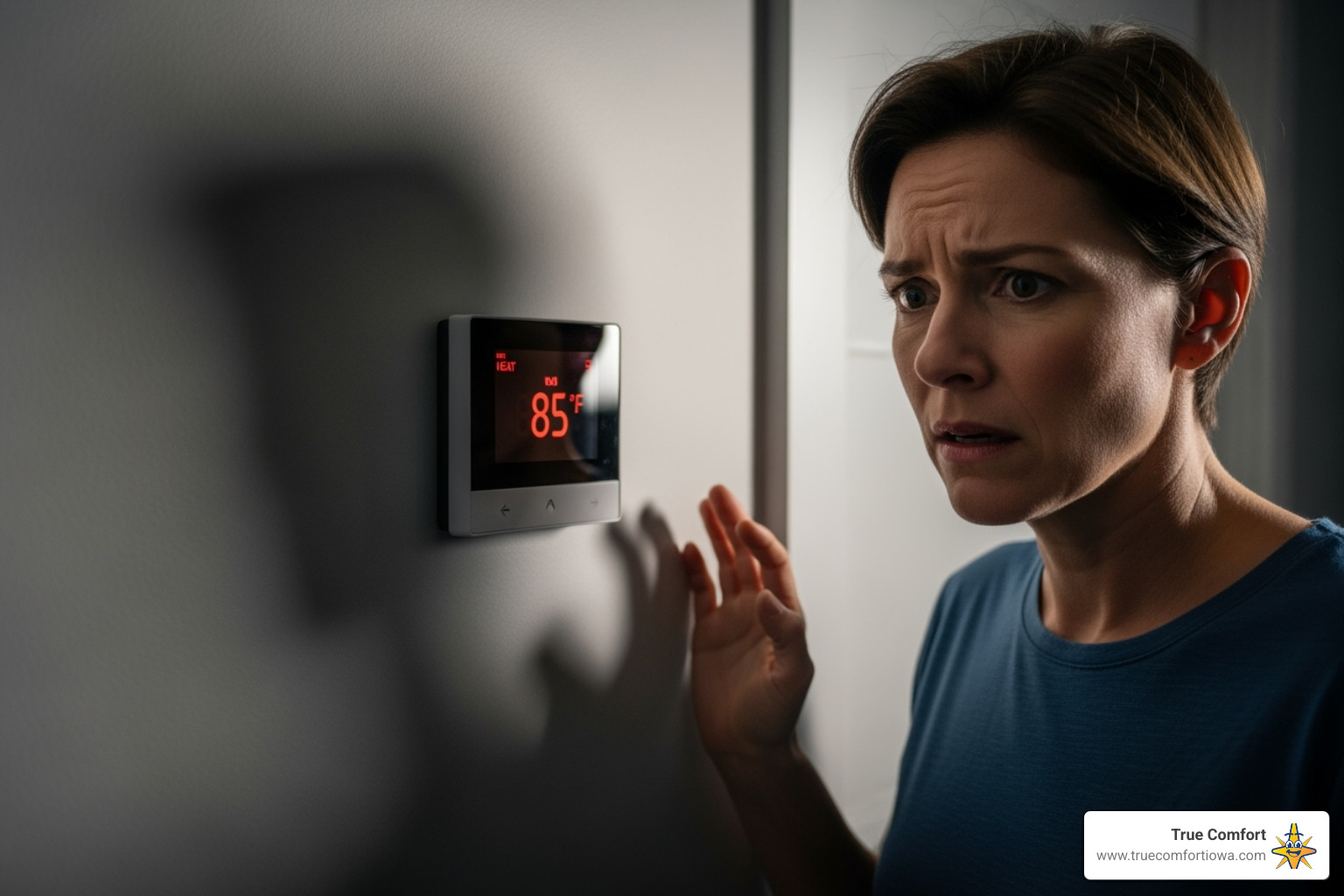 Thermostat displaying a high temperature next to a homeowner looking concerned - ac repair des moines ia